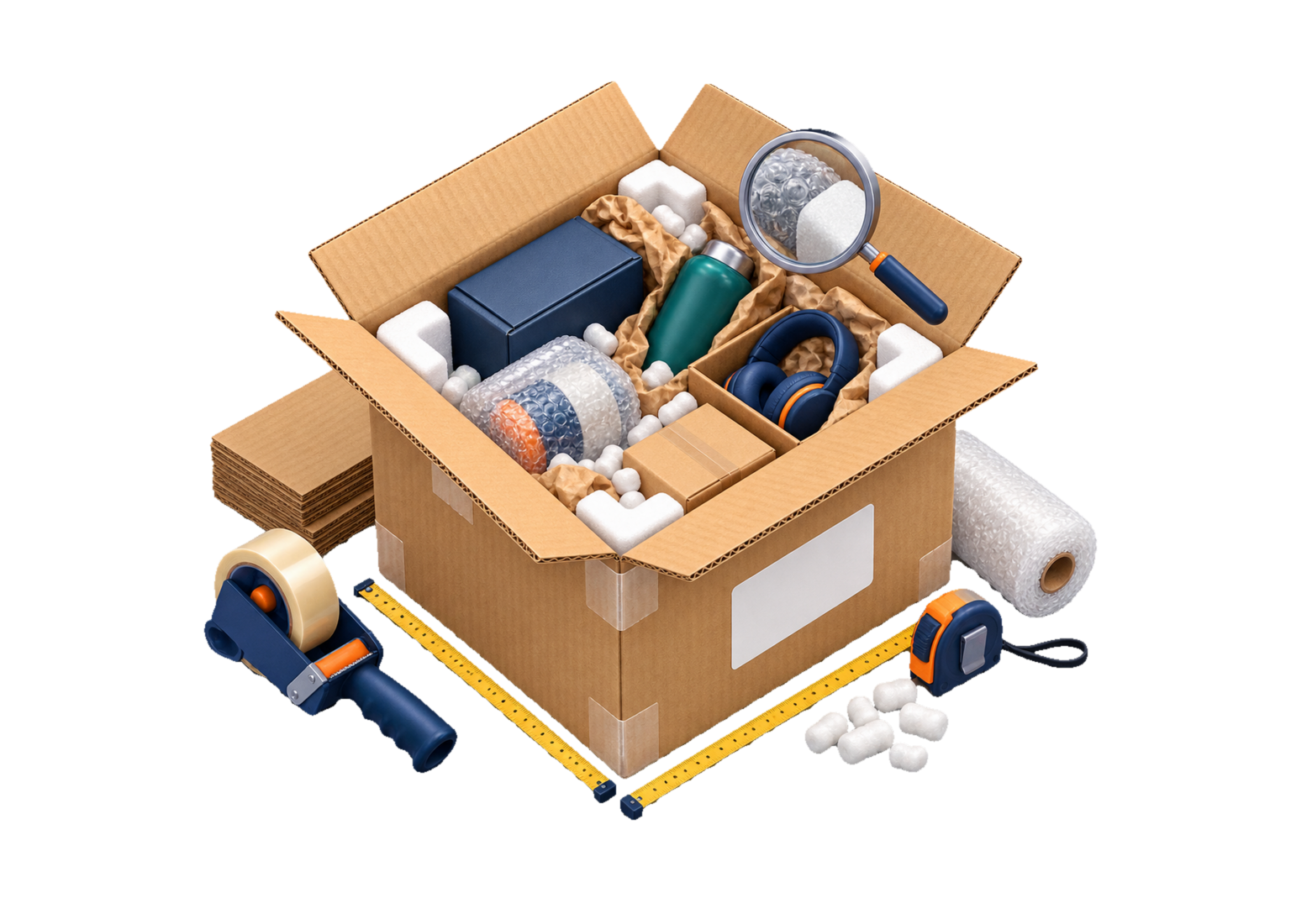 An export carton being inspected, consolidated, cushioned, sealed and measured