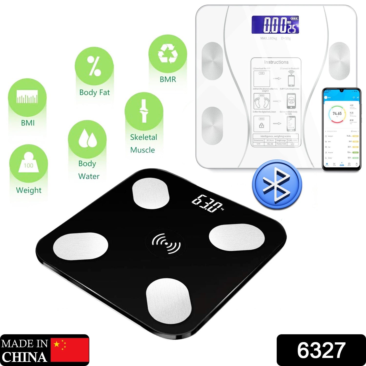Bluetooth Body Fat Scale Digital Smart Body Weight Scale iOS and Android App to Manage Body Weight, Body Fat, Water, Muscle Mass, BMI, BMR, Bone Mass and Visceral Fat with BMI Scale