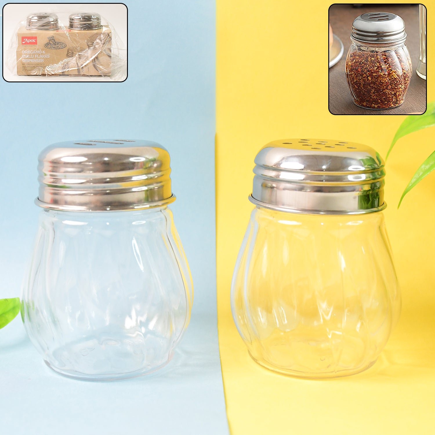 Apex Oregano & Chilli Flakes Dispenser Set 2 Pcs Plastic Spice Shaker with Steel Lid