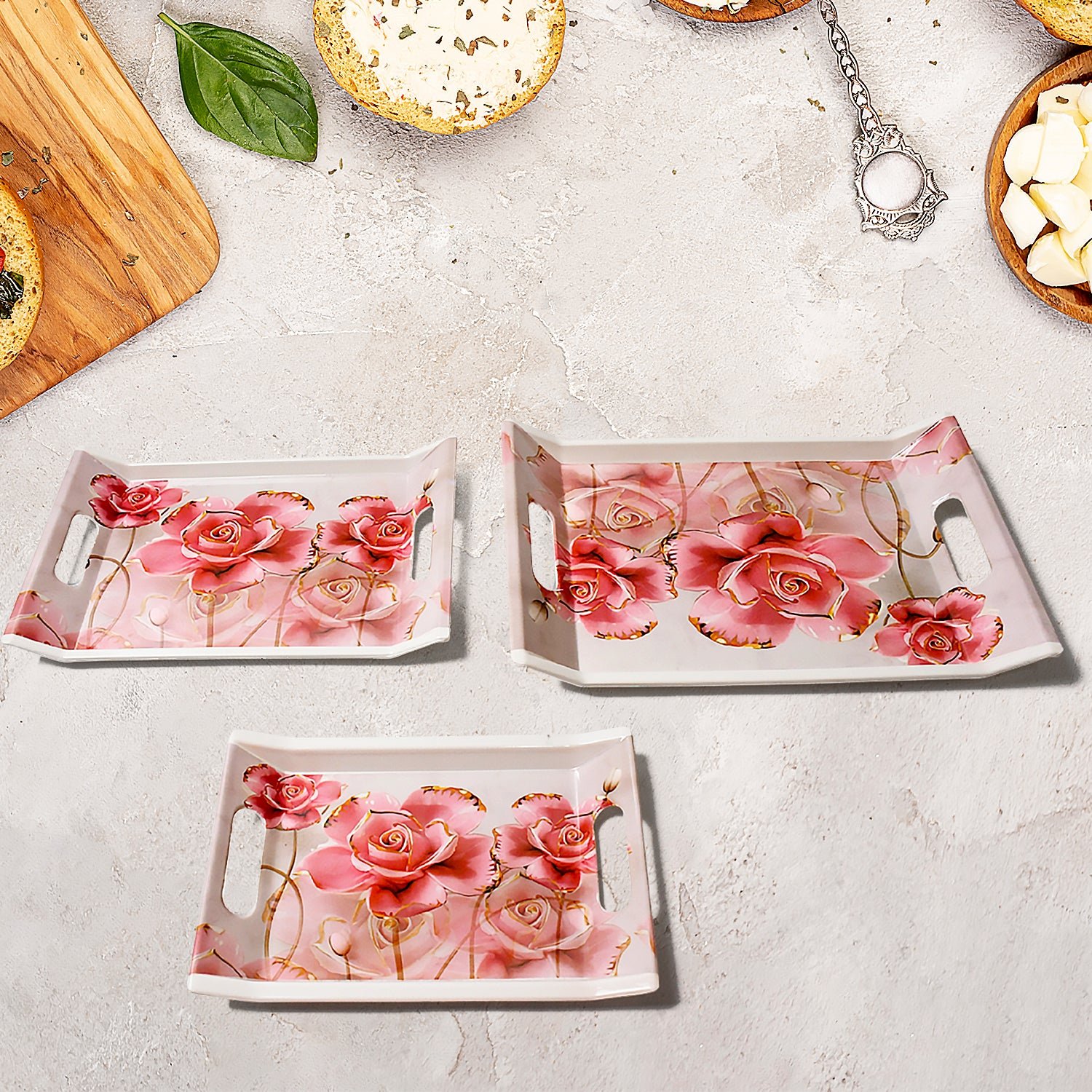Plastic Rectangular Serving Tray Set – Printed Design Trays for Home & Kitchen