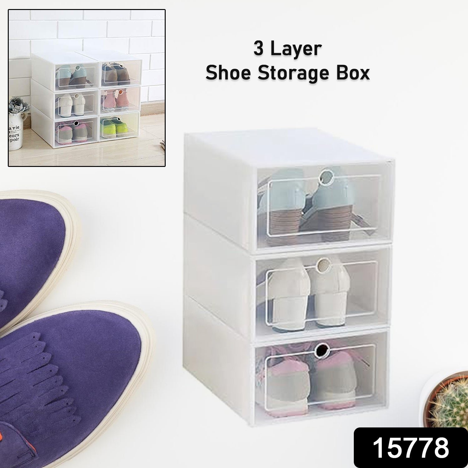3 Layer Transparent Shoes Storage Box Plastic Stackable Shoe (1 Set / 3 Layer)