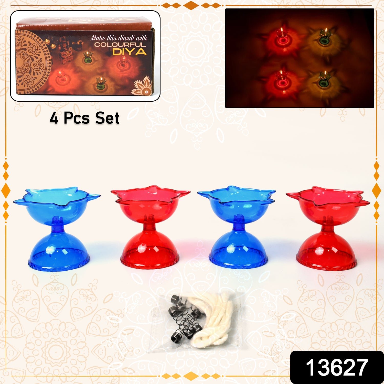 Colourful Reflection Diya Combo Plastic Candle Cup Multi Shape, Diwali (4 Pcs Set)