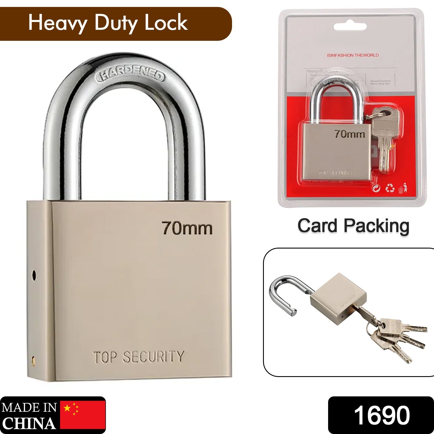 Heavy Steel Premium Square Padlock 70mm with 4 Keys  Hardened Shackle for Doors