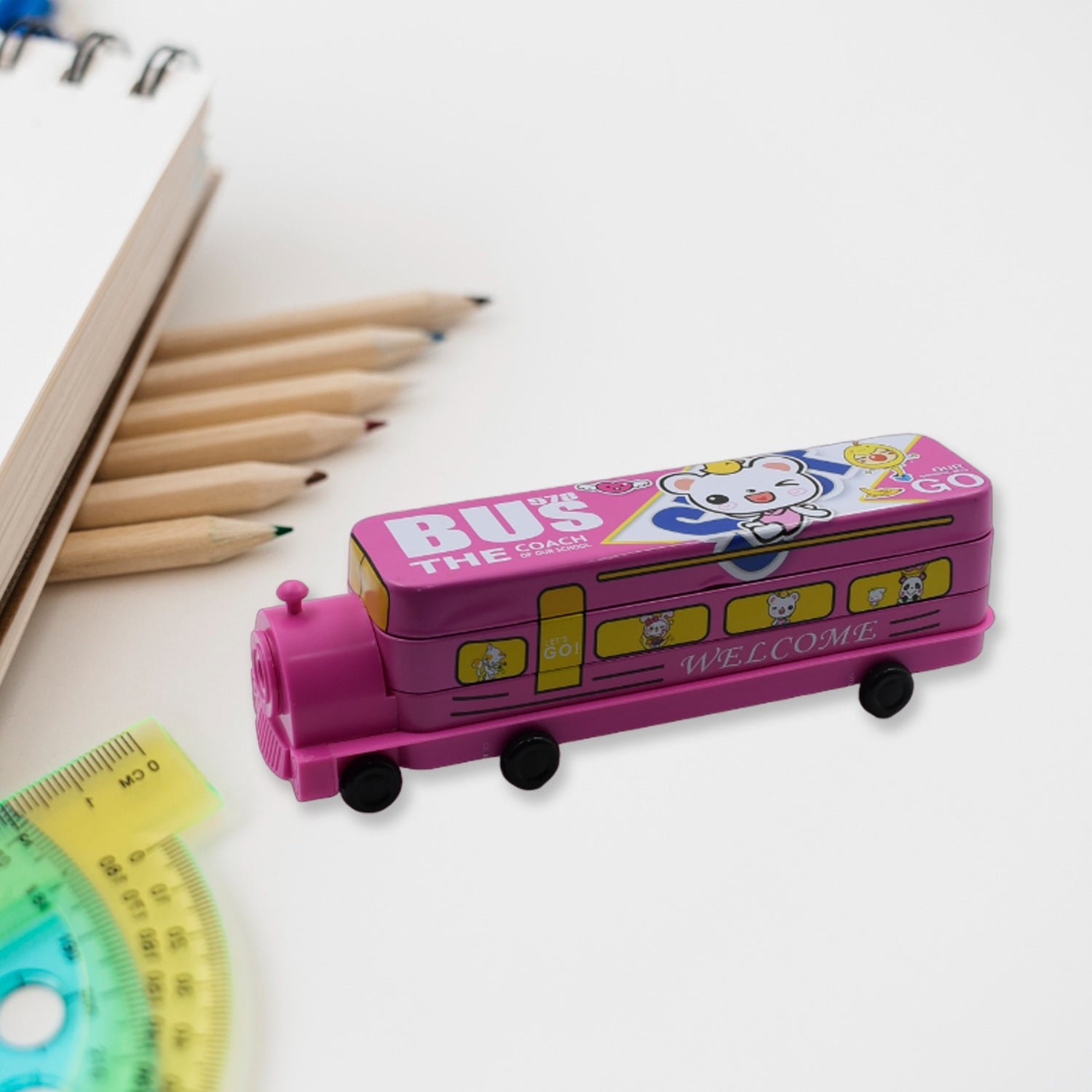 Double Decker Metal Bus Compass Case – 2-Layer Movable Wheels & Sharpener for Kids