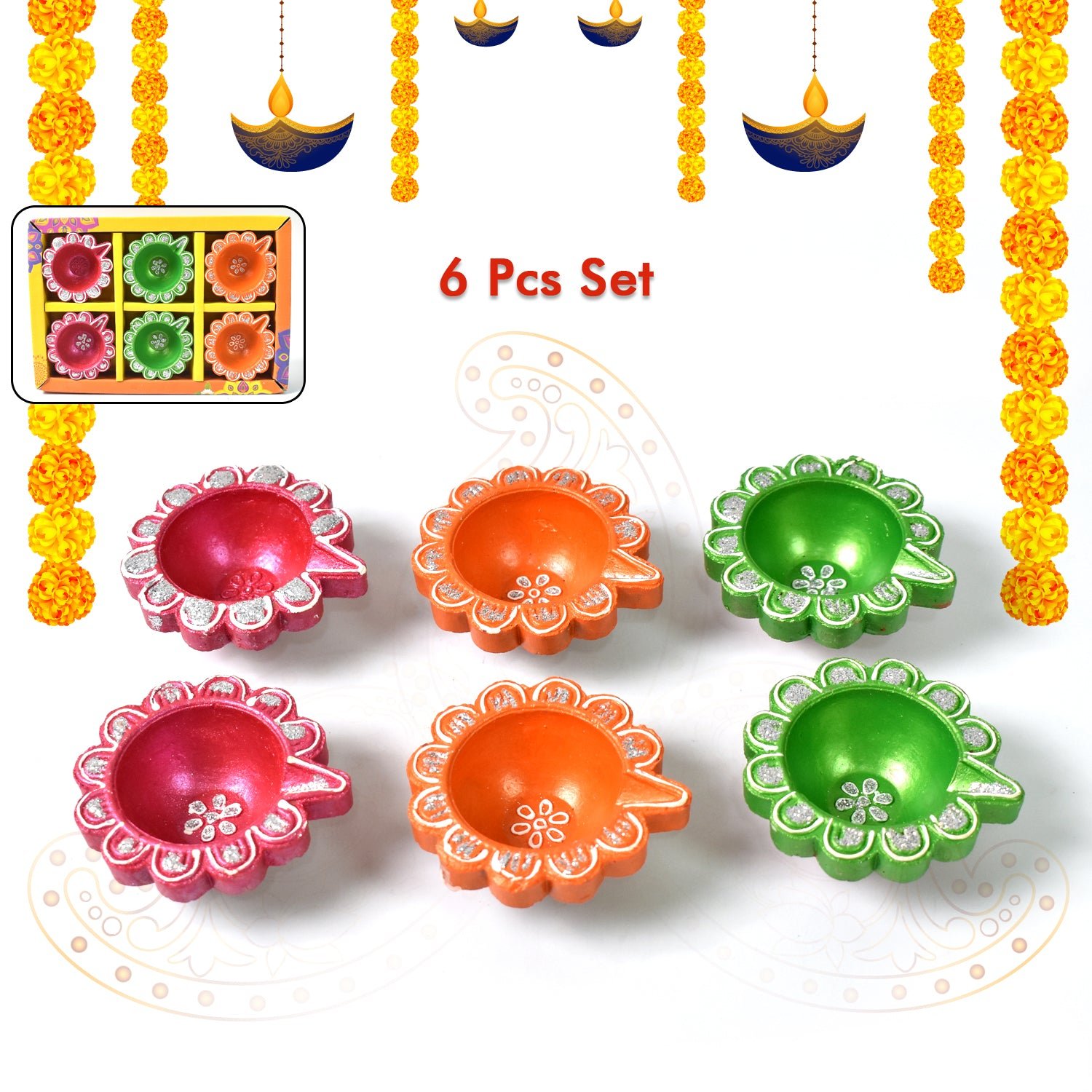 Decorative Hand Painted Clay Puja Diya (6 Pcs Set/ Mix Design)