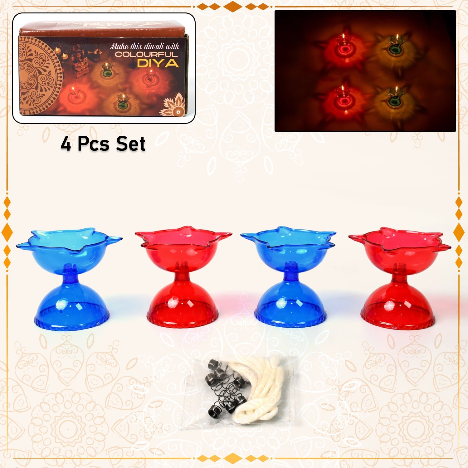 Colourful Reflection Diya Combo Plastic Candle Cup Multi Shape, Diwali (4 Pcs Set)