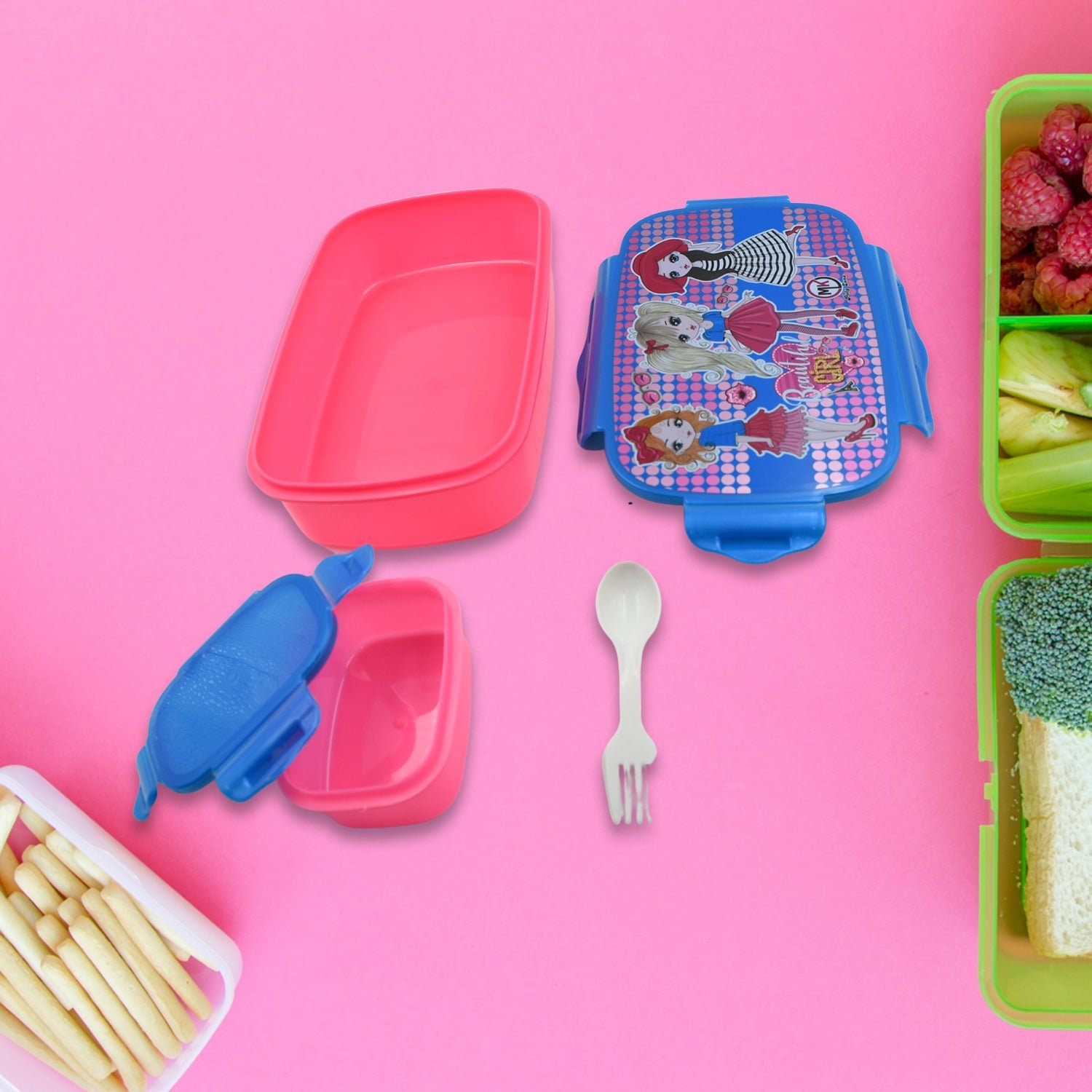 Cartoon Printed Lunch Box with Inner Box & Spoon for Kids School & Travel Use