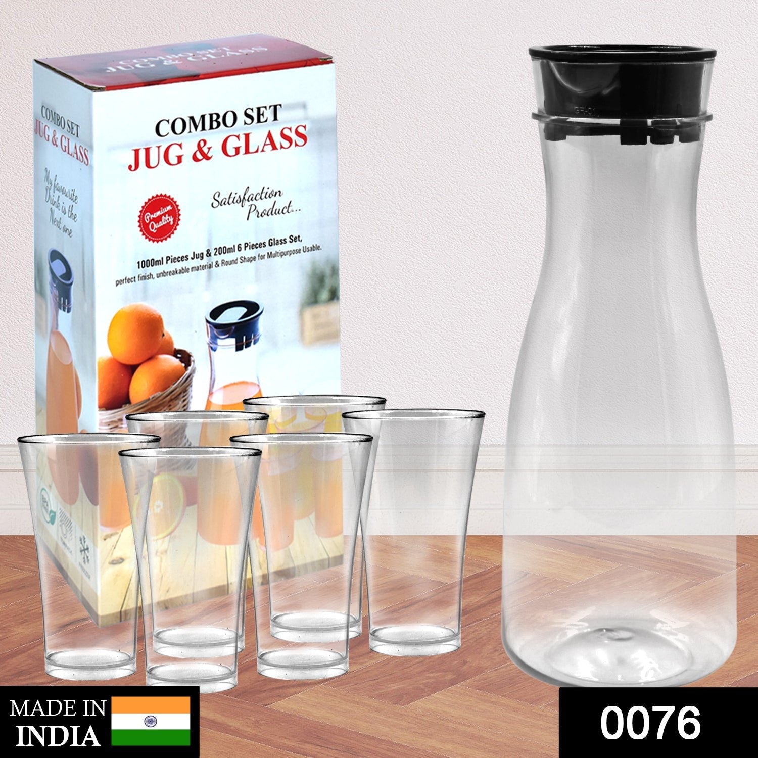 Transparent Unbreakable Water Juicy Jug and 6 Pcs. Glass Combo Set