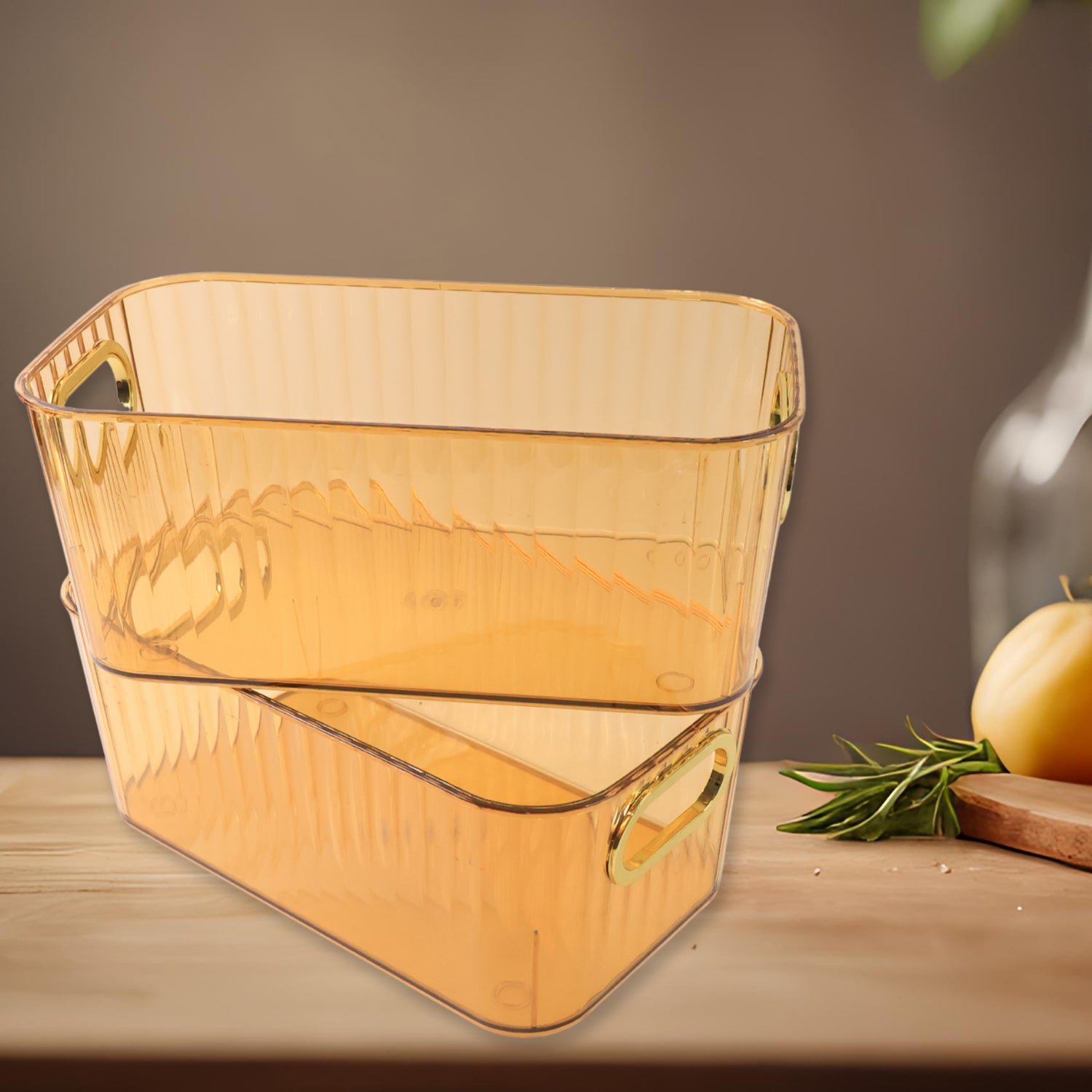 Premium Ribbed Transparent Storage Basket with Gold Handle 25×14 cm 2 Pc