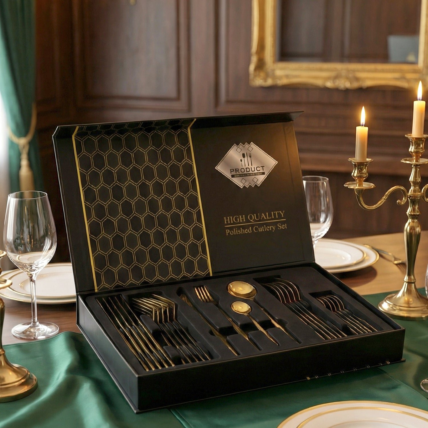 Premium Gold Finish Stainless Steel Cutlery Set with Luxury Gift Box (24 Pc Set)