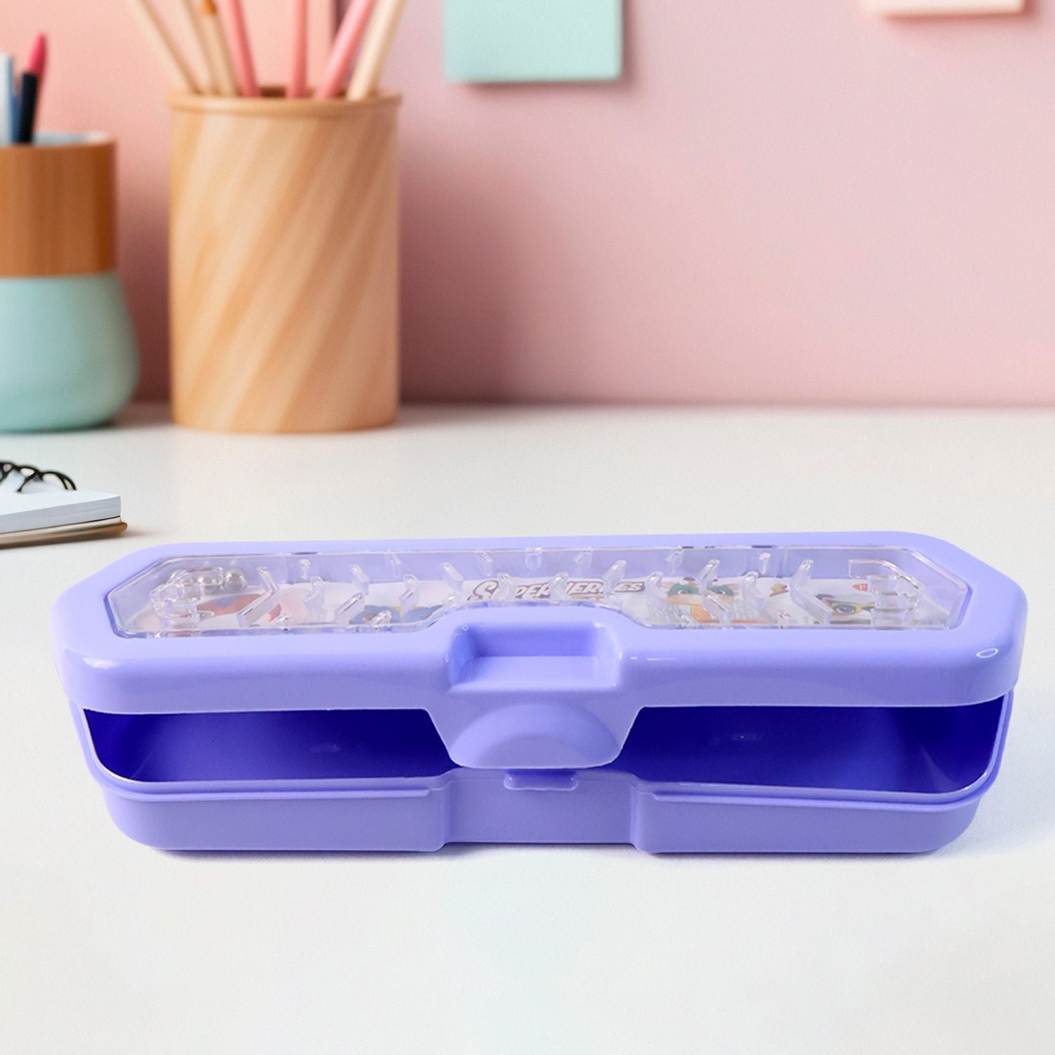 Cartoon Character Printed Plastic Pencil Box with Built-in Maze Puzzle Game (1 Pc)