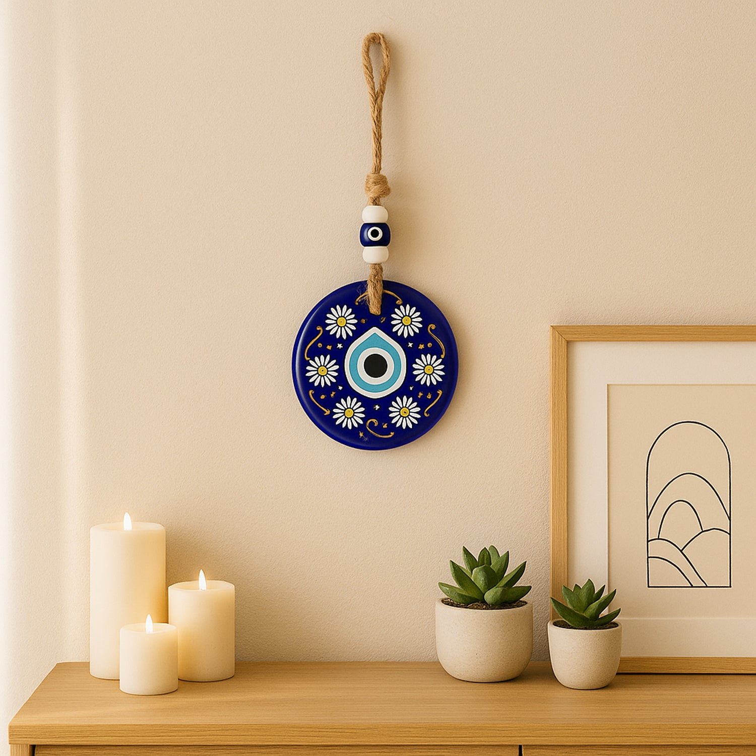 Decorative Evil Eye Wall Hanging Nazar Protector Charm with Beads, Wind Chime (1 Pc)
