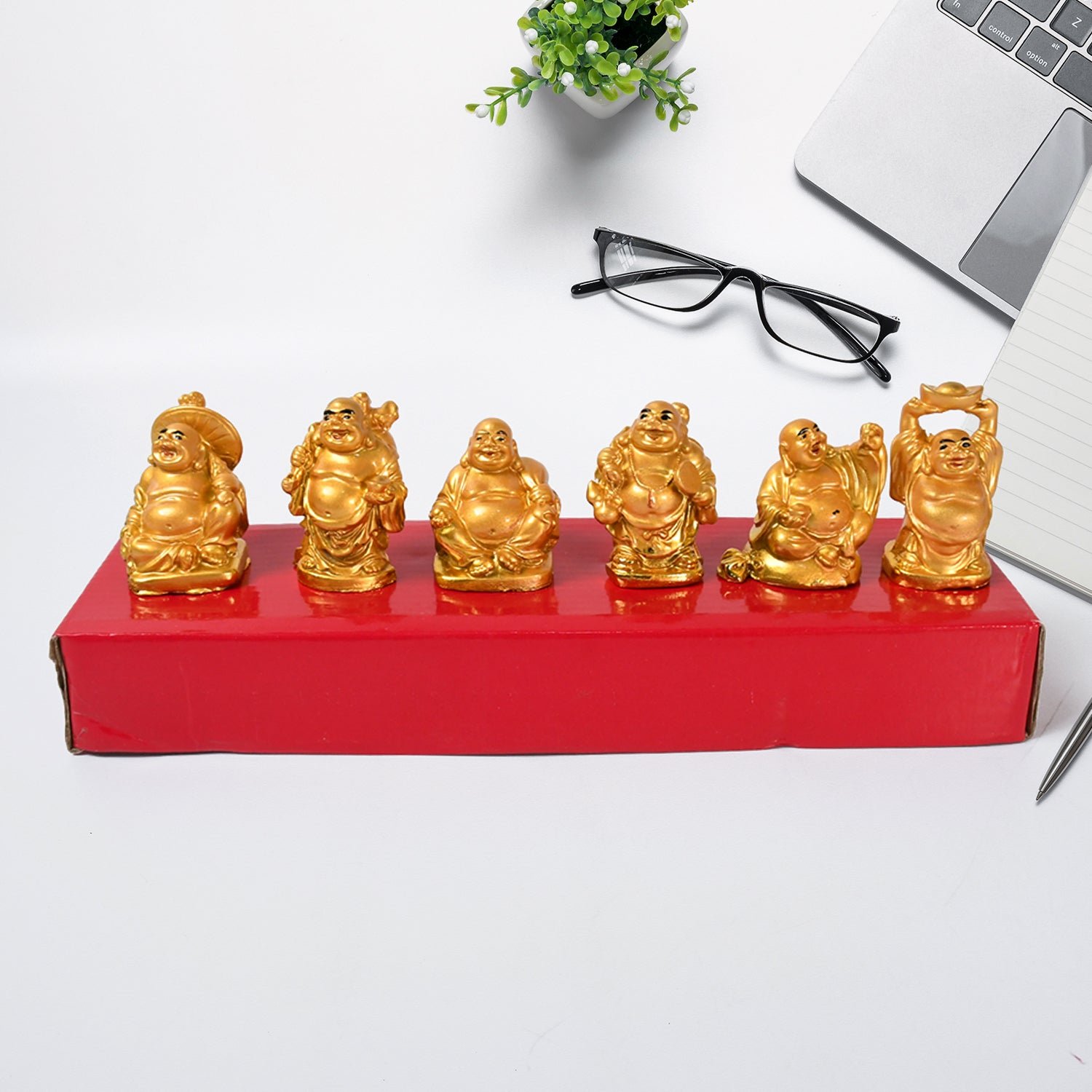 Golden Laughing Buddha Set of Six Pieces Statue for HappinessGood Luck Home Decor