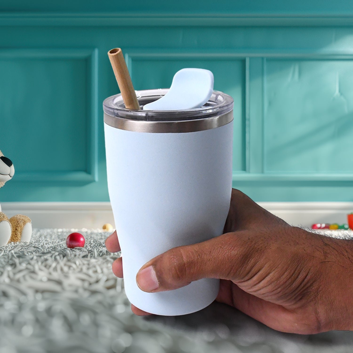 Stainless Steel Insulated Coffee Mug With Wooden Straw, Tumbler (350ml Approx)