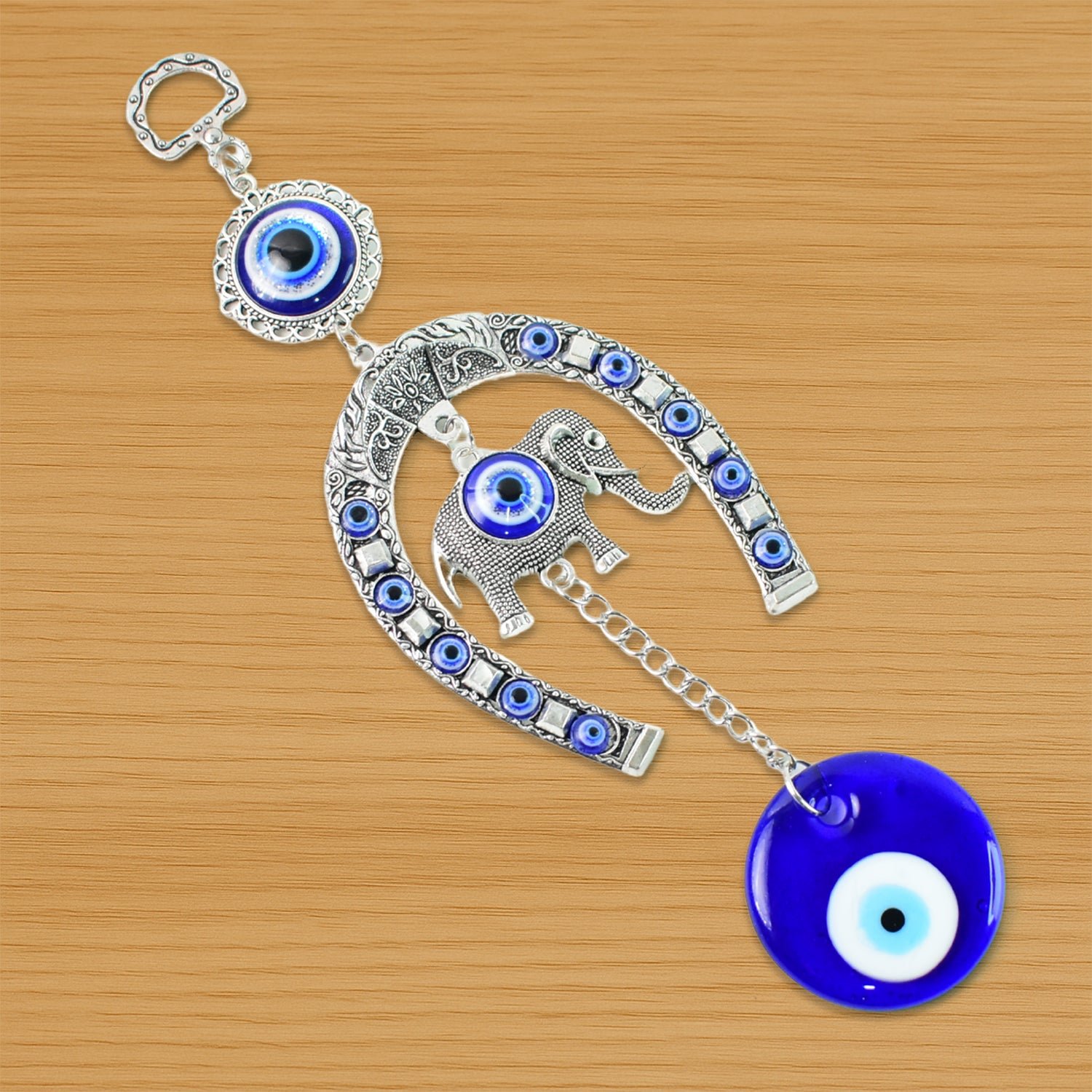 Decorative Evil Eye Hanging with Elephant and Horseshoe Motif, Wind Chime (1 Pc)
