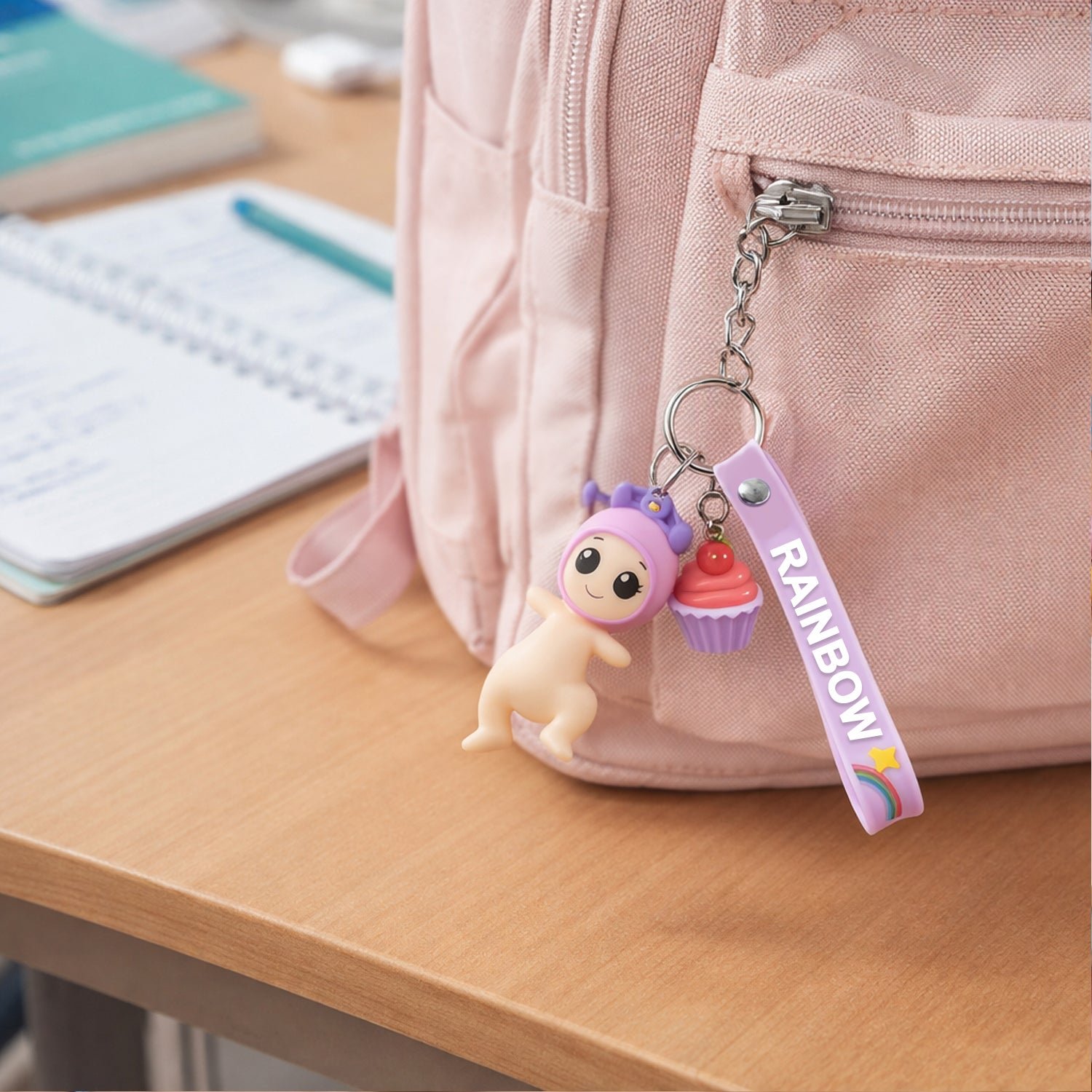 Cute Doll & Cupcake Keychain with Rainbow Strap (1 Pc)