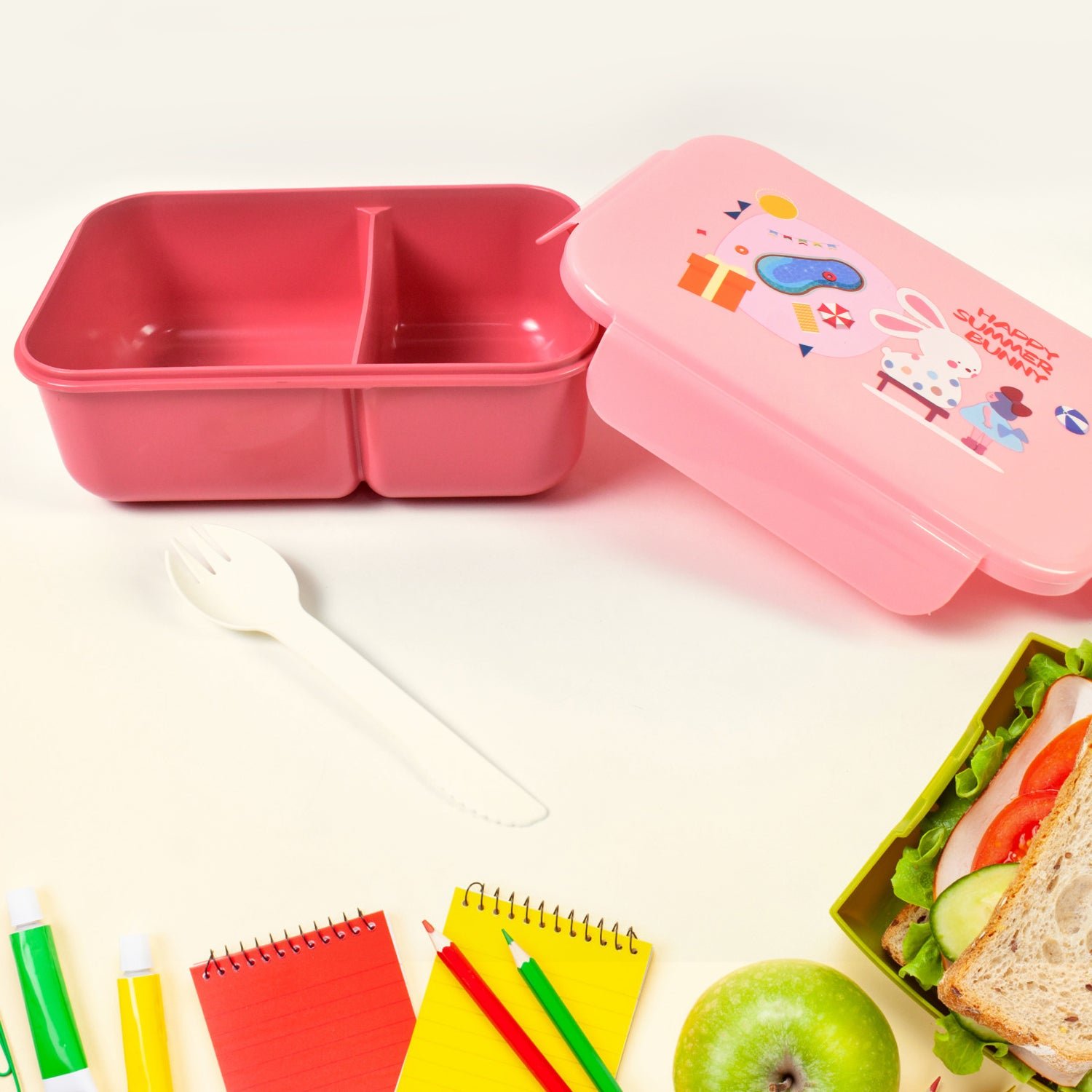 Plastic Lunch Box Leak Proof 2 Compartment with Bottle and Fork (1 Set / Mix Color)