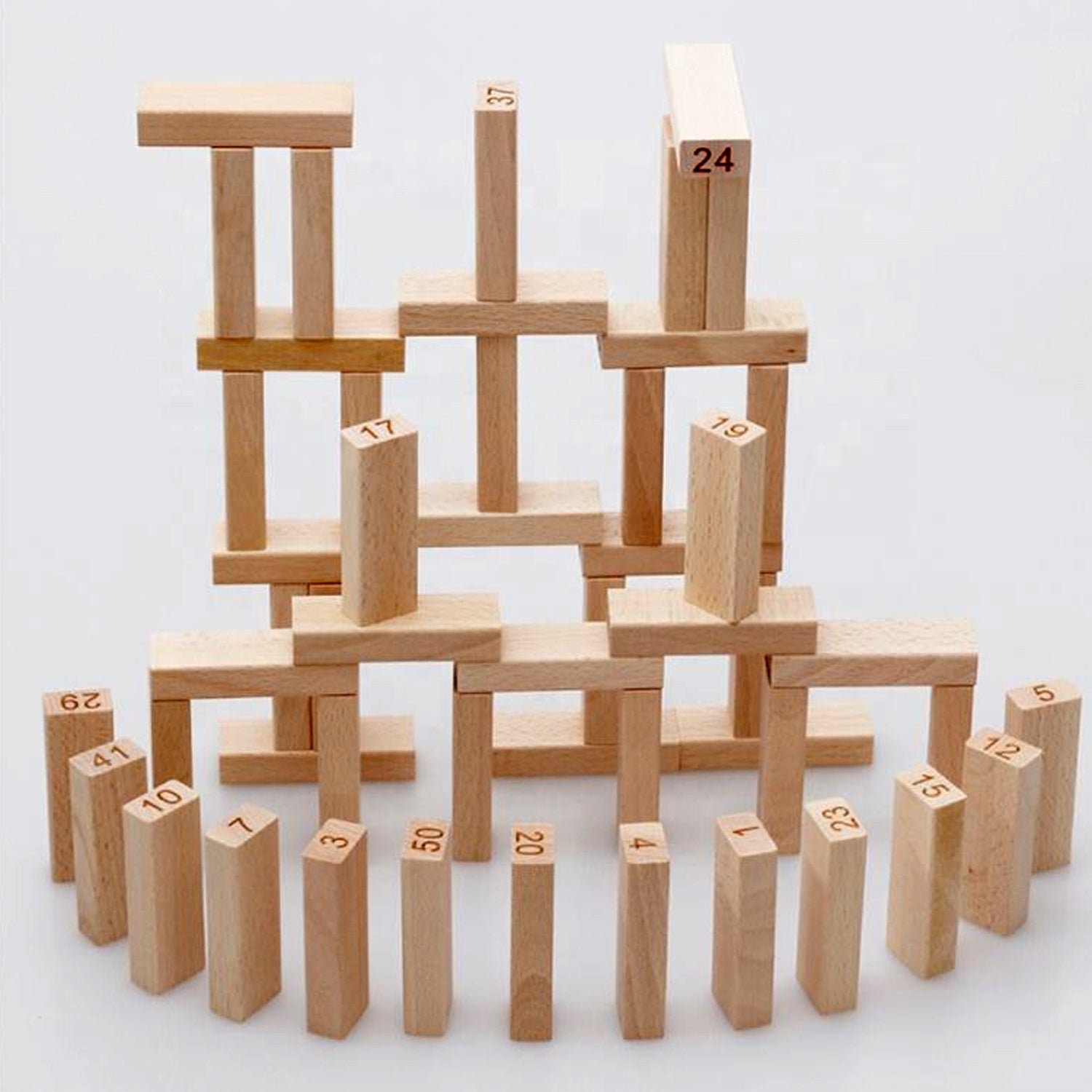 Wooden Tumbling Stacking Tower Game, Zenga tower (48 Pcs Blocks 2 Dices)