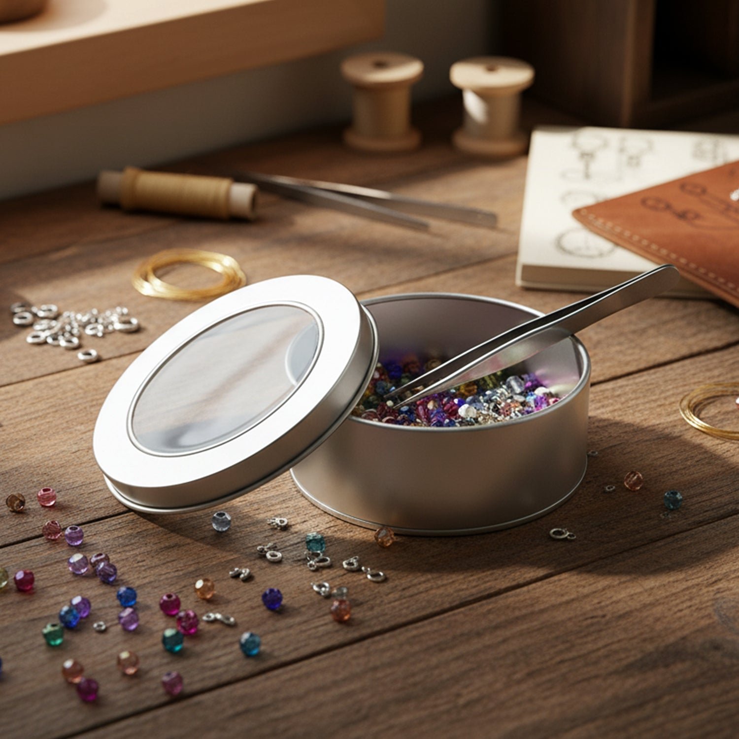 Round Metal Storage Tin Box with Transparent Window Lid (1 Pc, 9.5 x 9.5 Cm)