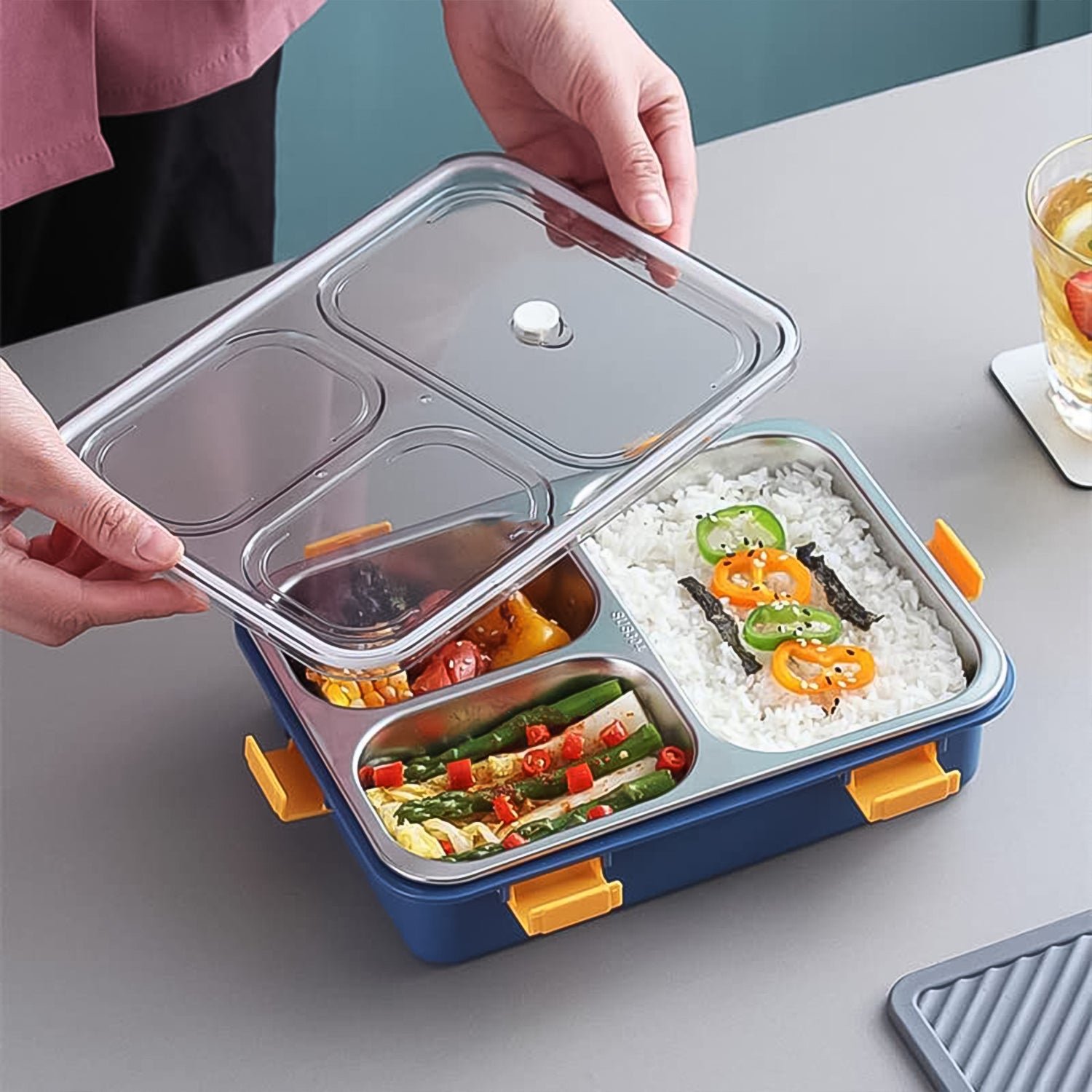 3 Compartment Transparent Stainless Steel Lunch Box with Spoon & Chopsticks (1 Set)
