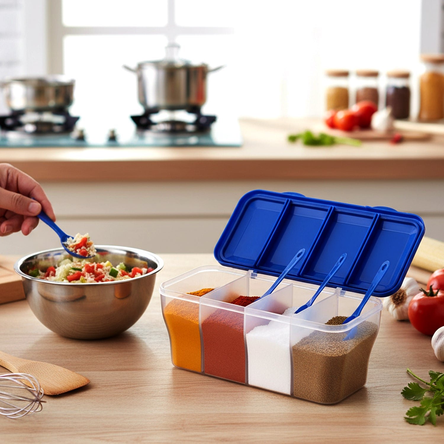 Kitchen Airtight 4-Section Storage Container / Pickle Jar 4 Spoons (1 Pc / Mix Color)