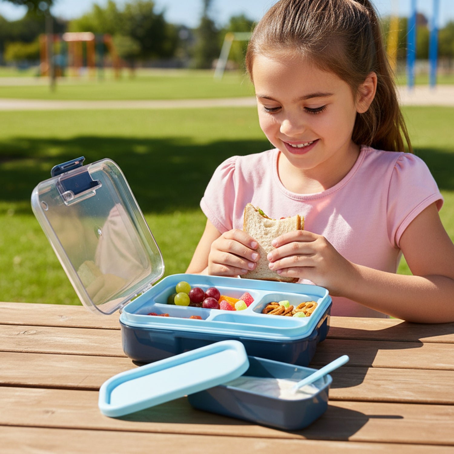 3 Compartment Snacky Lunch Box Set With 2 In 1 Spoon (1 Set)