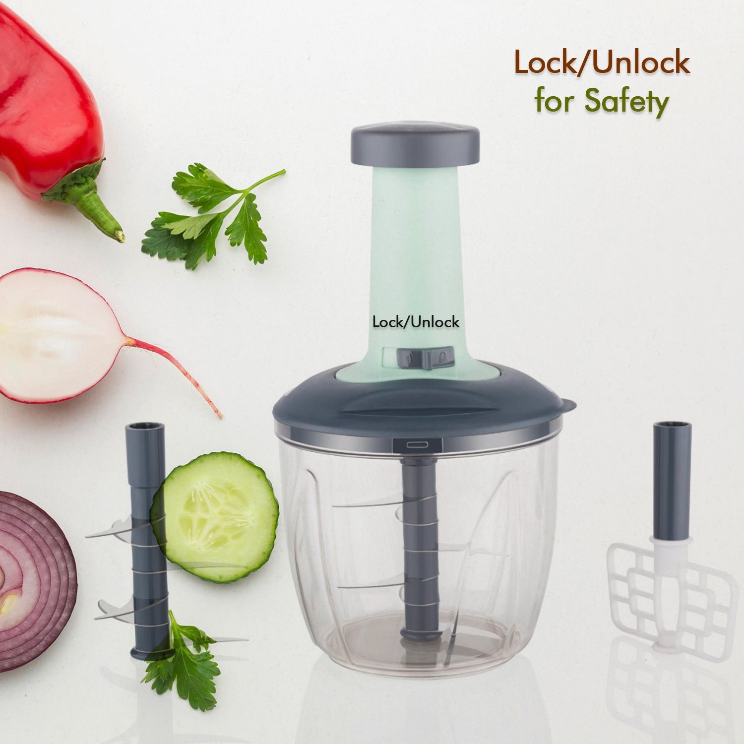 1100 ml 2 in 1 Push Up Chopper with 6 Sharp Blades Vegetable and Fruit Cutter