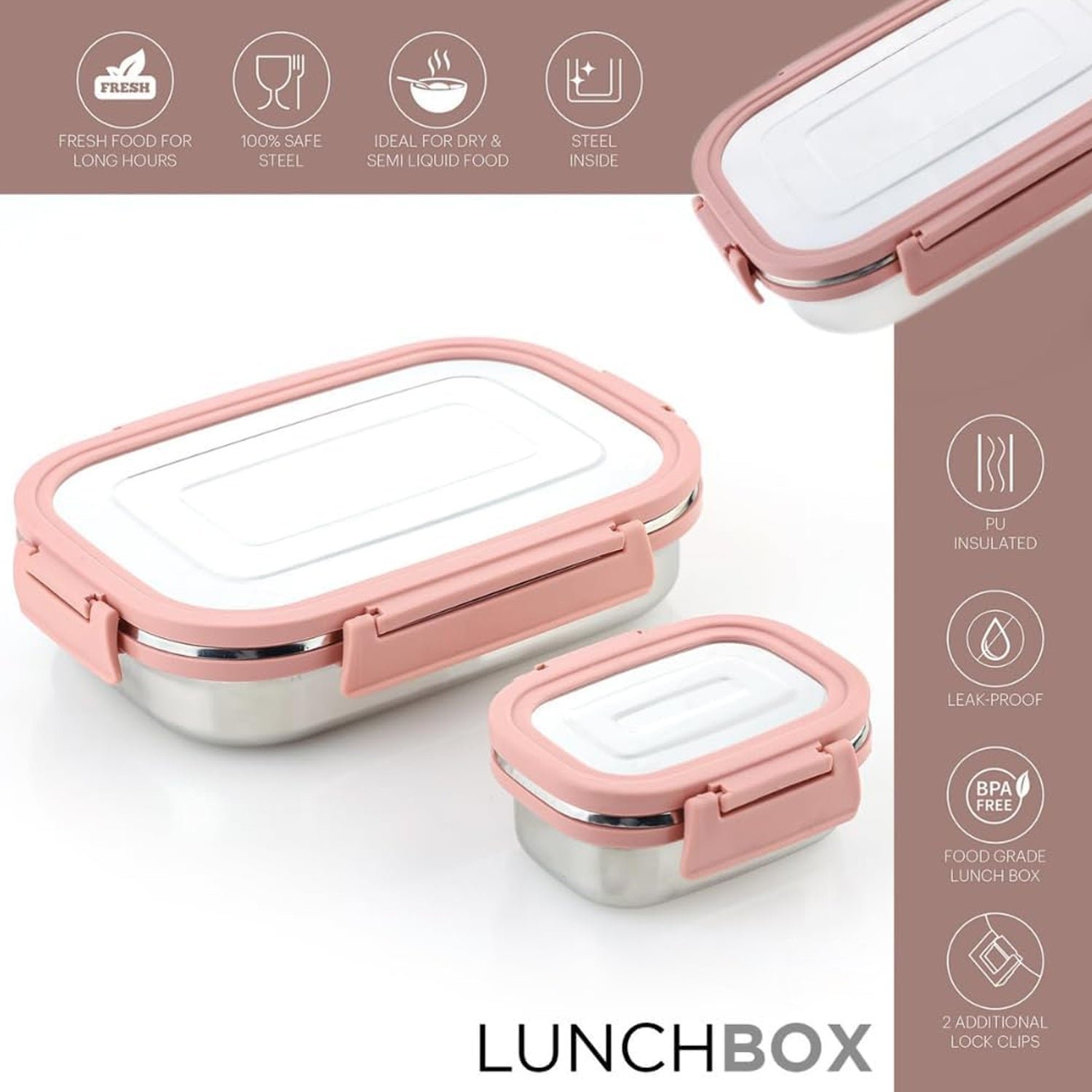 Stainless Steel Leak Proof Air Tight Lunch Boxes (900ML+200ML Approx / 2 Pc Set)
