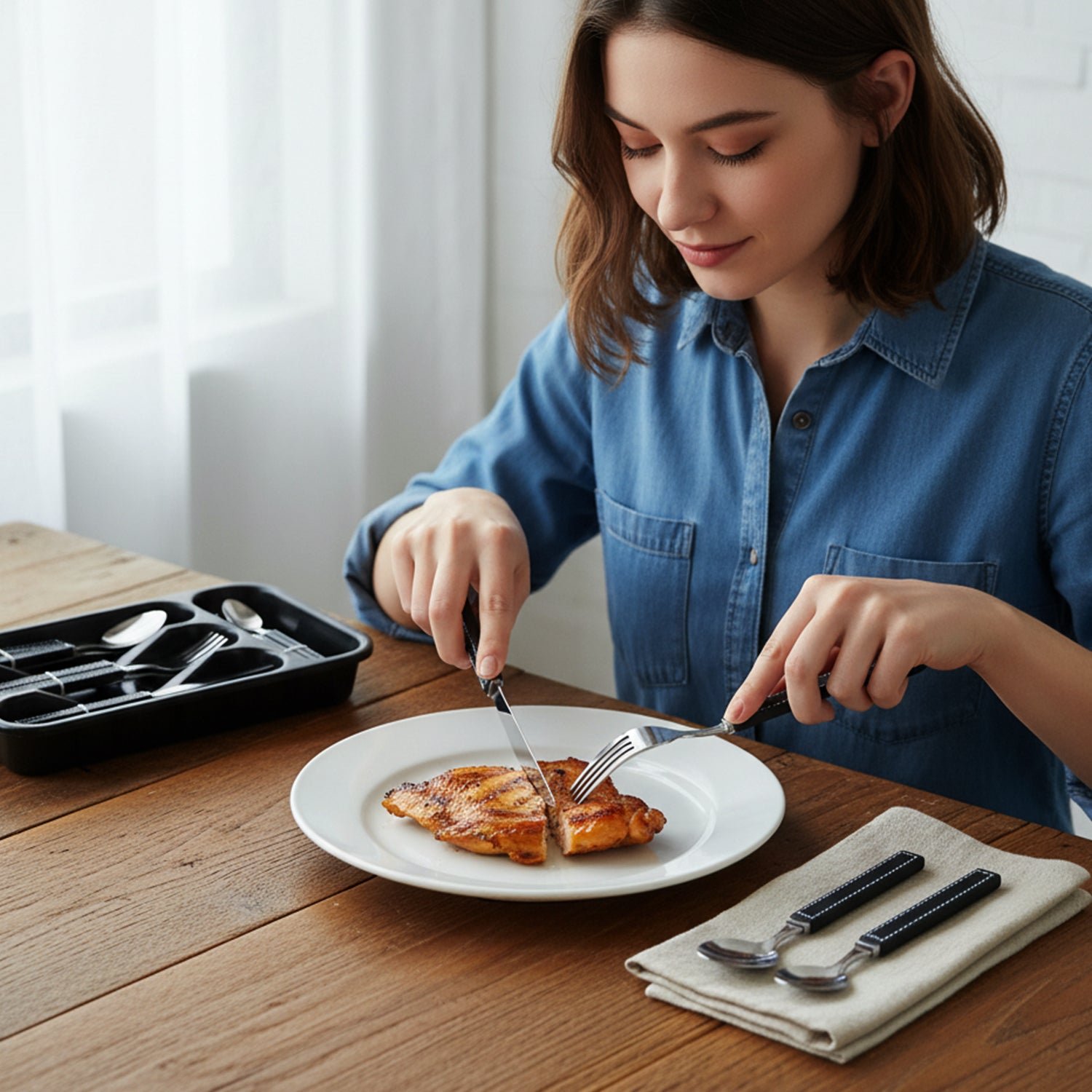 Premium Stainless Steel Kitchen Plastic Handle Cutlery Set With Tray (24 Pc Set)