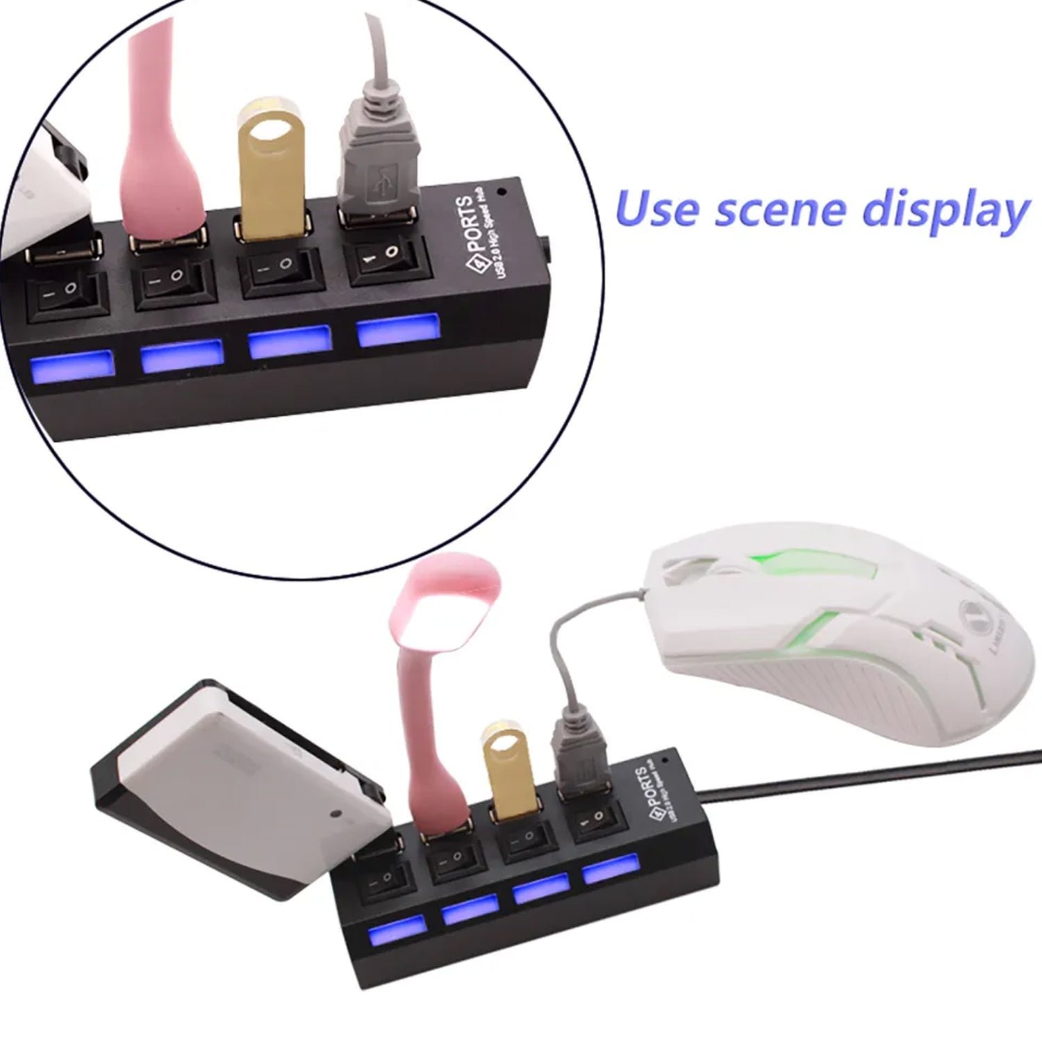 4 Port USB, HUB USB 2.0 HUB Splitter High Speed with On/Off Switch Multi LED Adapter