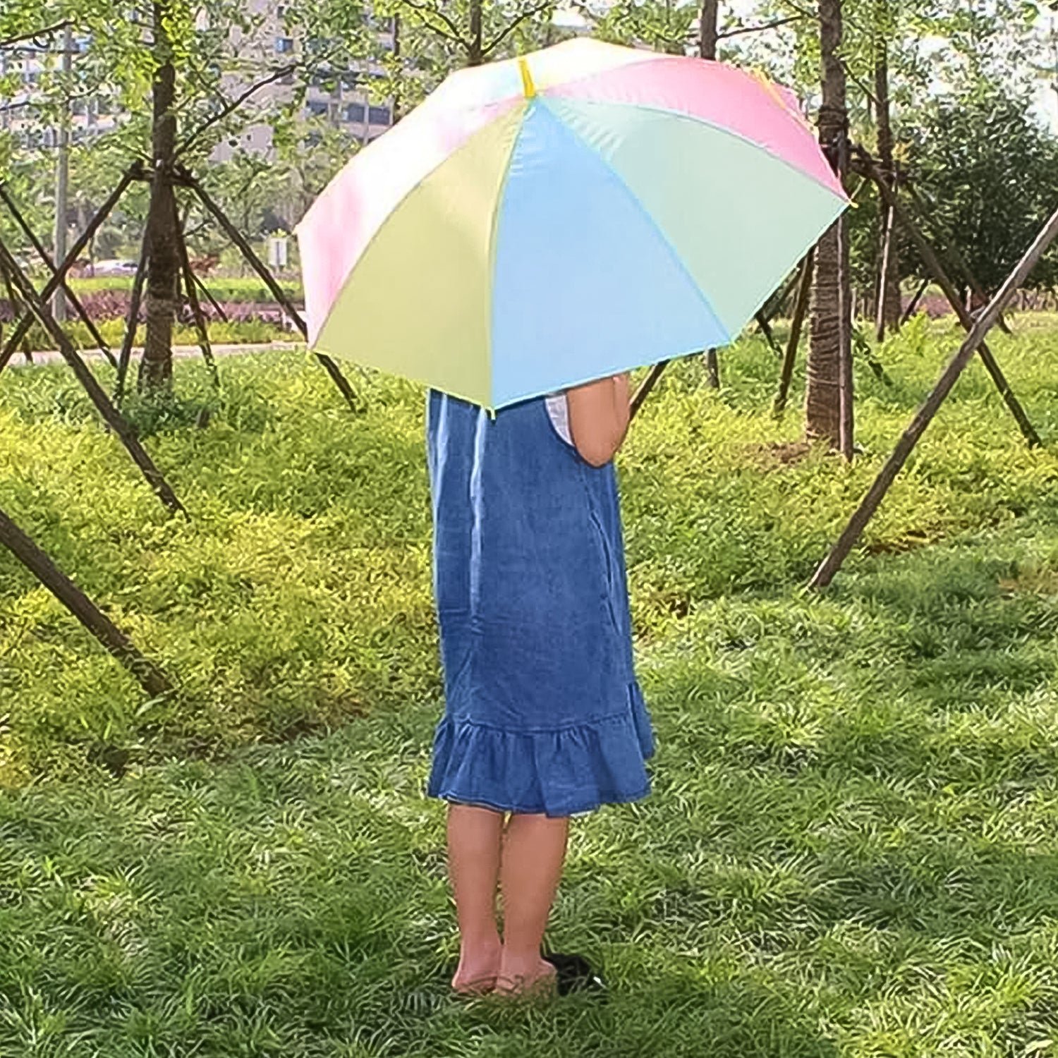 Colorful Rainbow Umbrella Multi-Colour J Shaped Handle (1 Pc / MOQ :- 5)