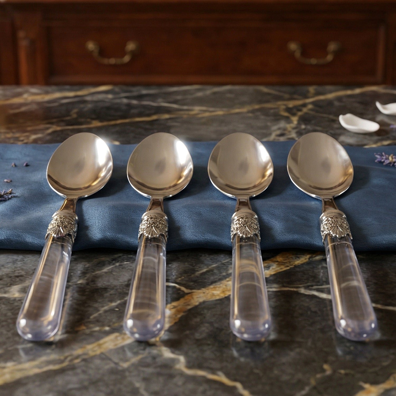 Premium Stainless Steel Dessert Spoon With Plastic Handle Set (4 Pc Set)