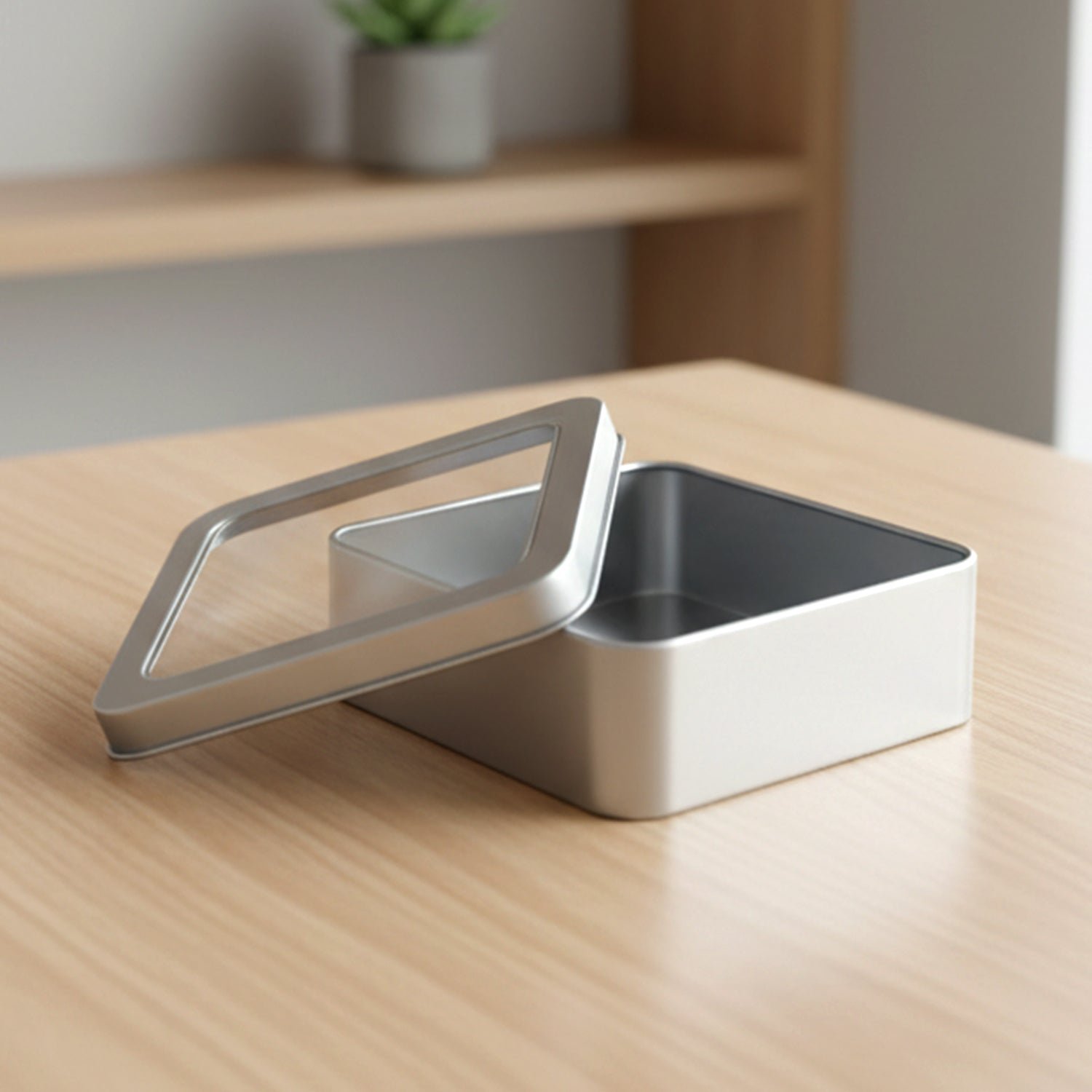 Square Metal Storage Tin Box with Transparent Window Lid (1 Pc, 9.5 x 9.5 Cm)