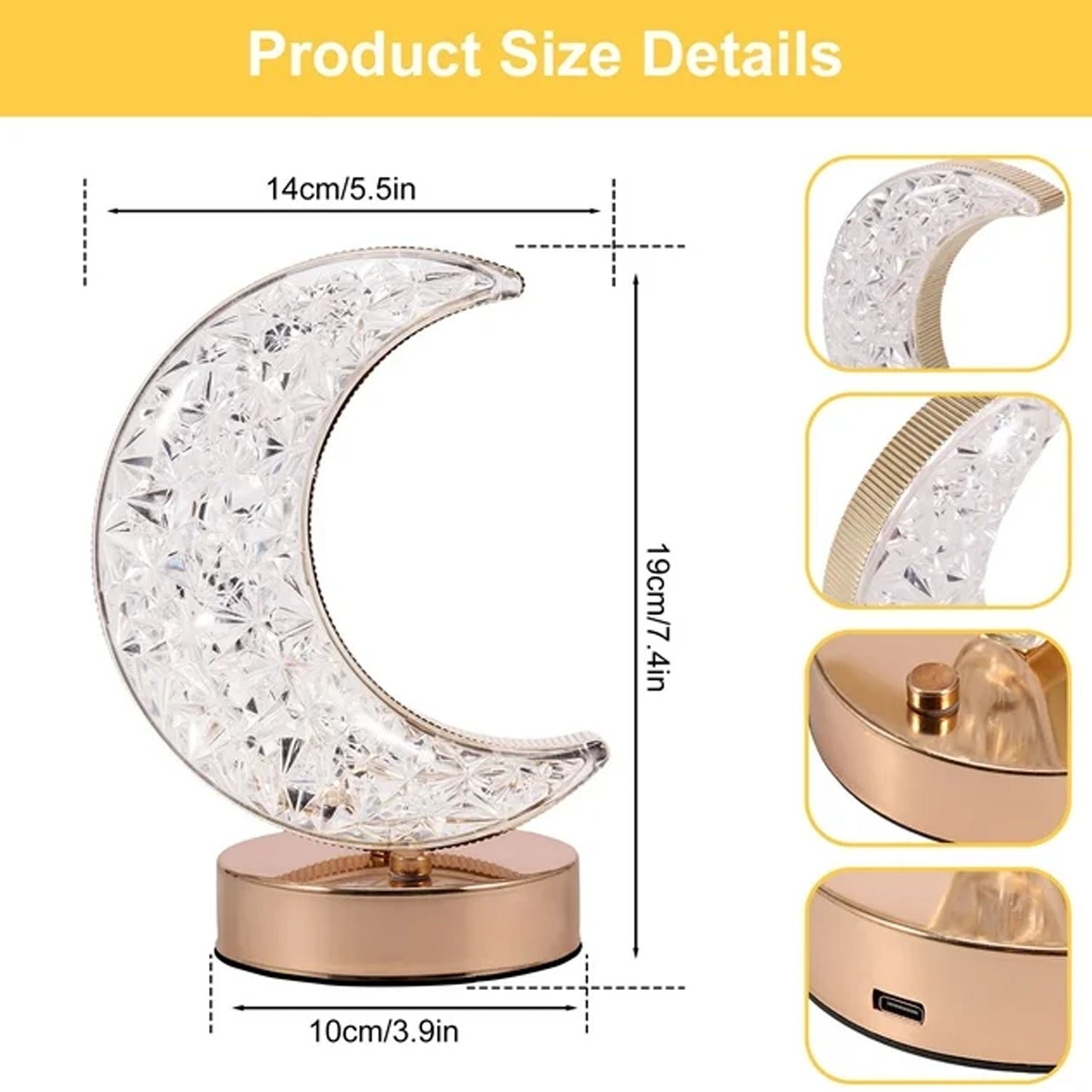 Moon Crystal Touch Table Lamp with 3 Color Dimmable USB Night Light
