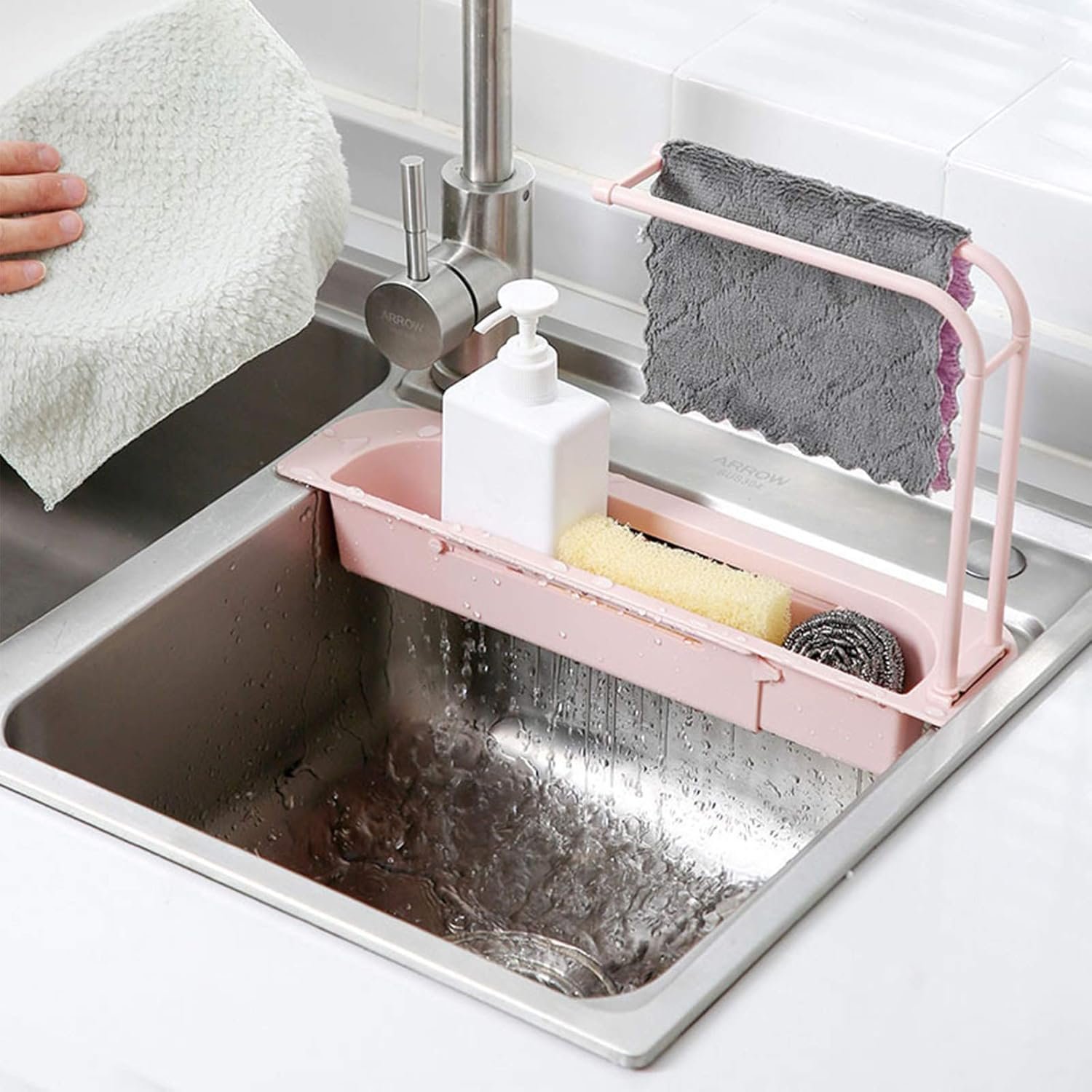 Kitchen Sink Organizer Rack with Towel Holder & Drain Tray (1 Pc)