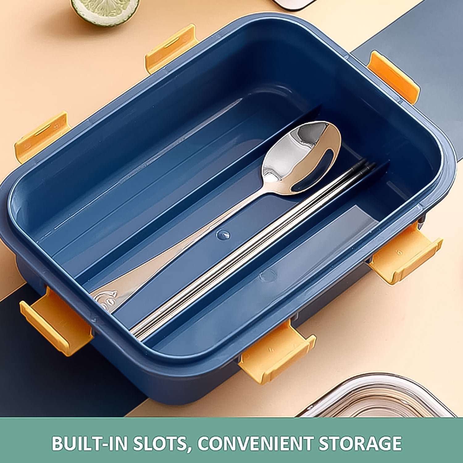 3 Compartment Transparent Stainless Steel Lunch Box with Spoon & Chopsticks (1 Set)