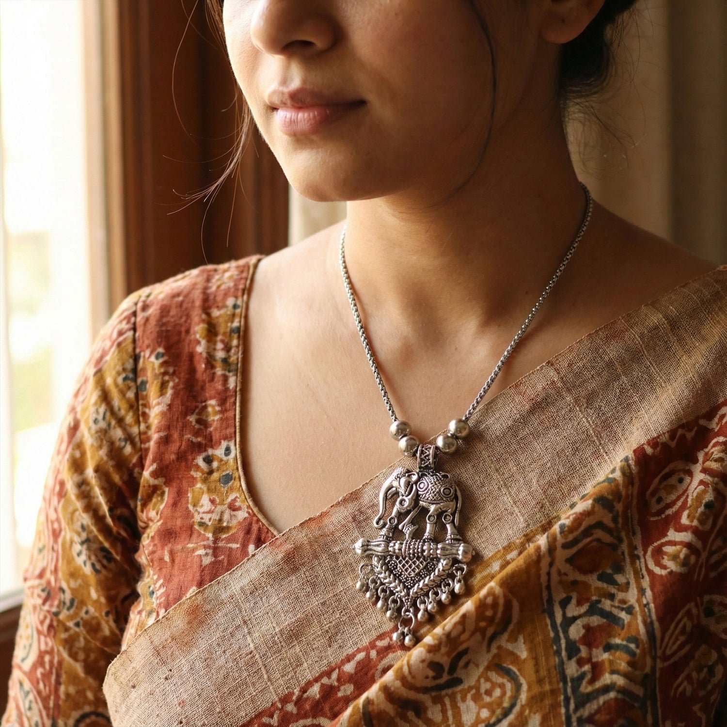 Oxidised Silver Finish Traditional Pendant Necklace – Mix Design (1 Pc)