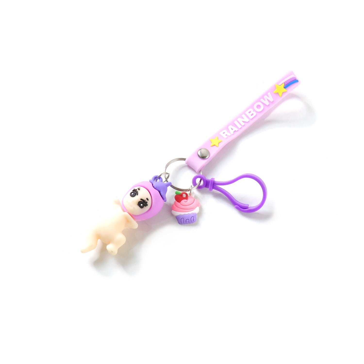 Cute Doll & Cupcake Keychain with Rainbow Strap (1 Pc)