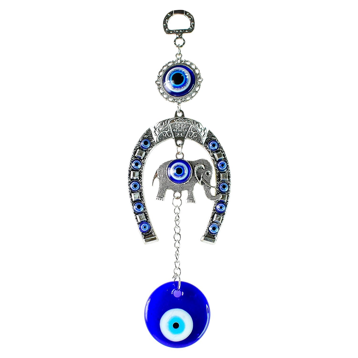 Decorative Evil Eye Hanging with Elephant and Horseshoe Motif, Wind Chime (1 Pc)