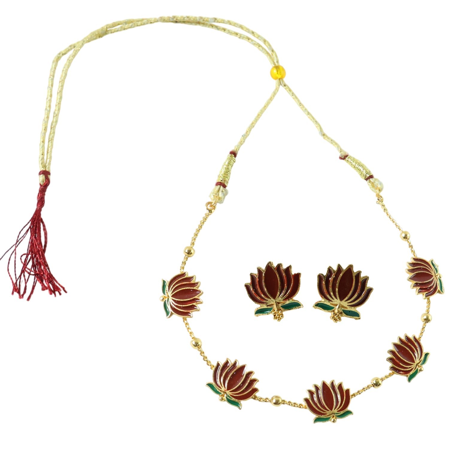 Traditional Lotus Design Necklace with Stud Earrings Set (1 Set)