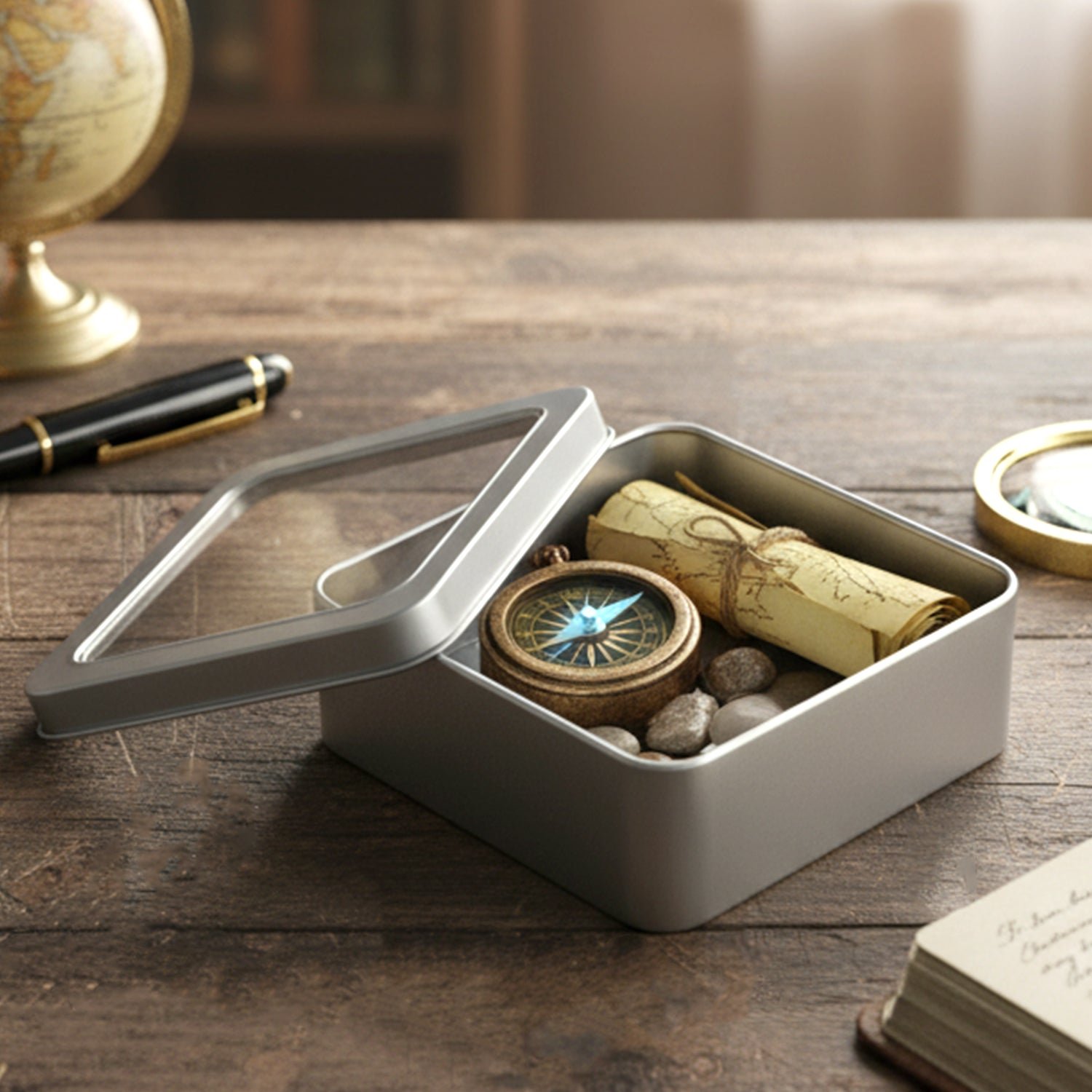 Square Metal Storage Tin Box with Transparent Window Lid (1 Pc, 9.5 x 9.5 Cm)