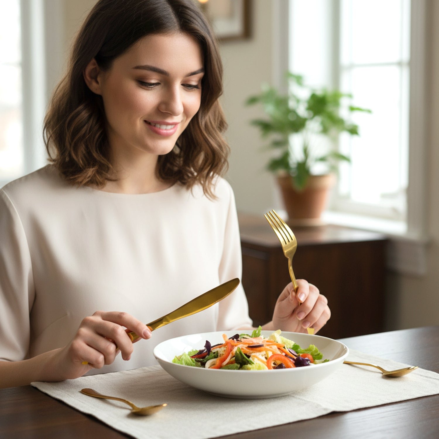 Stainless Steel Golden Cutlery Set with Pineapple Storage Stand (24 Pc Set)