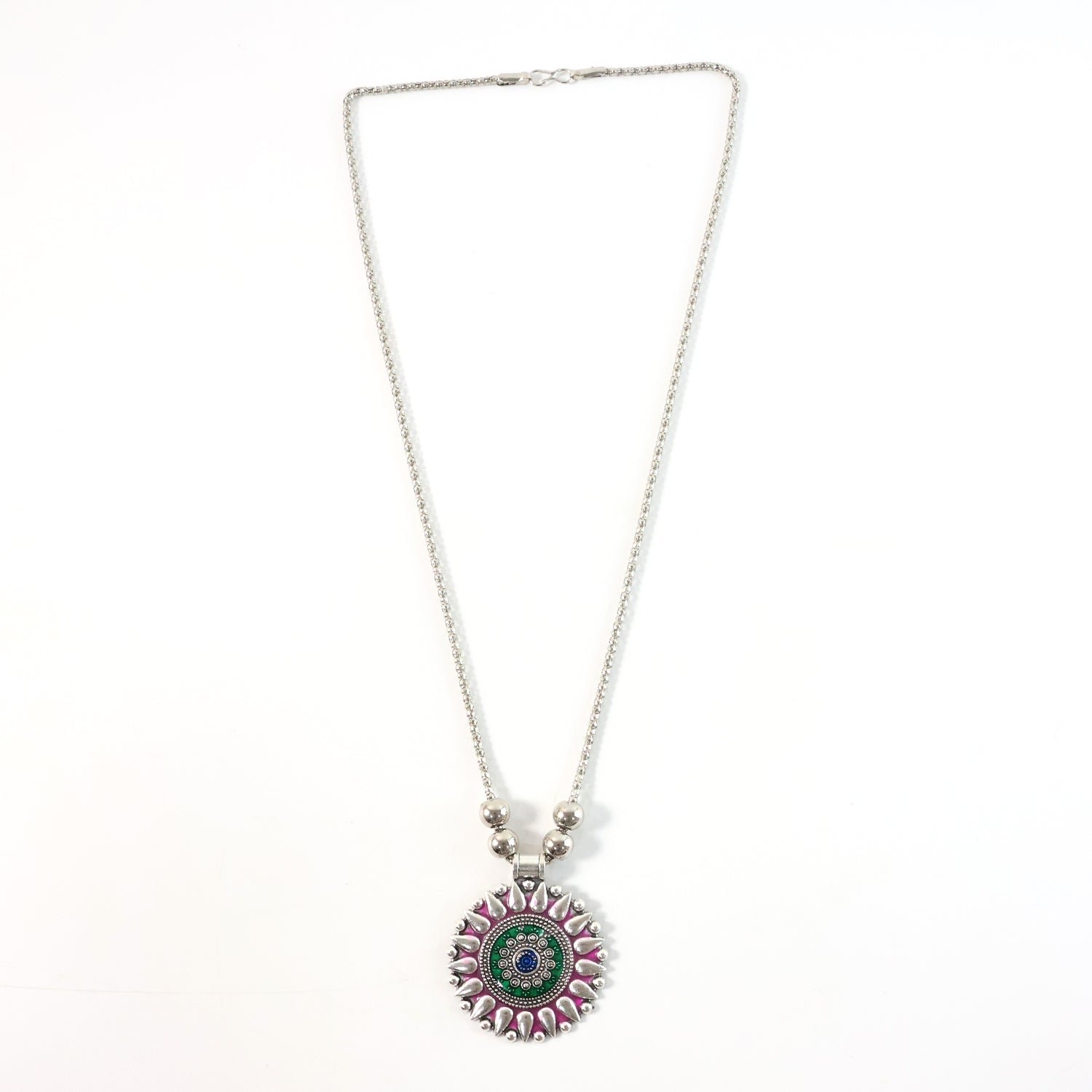 Oxidized Silver Finish Traditional Round Mandala Pendant Necklace (1 pC)