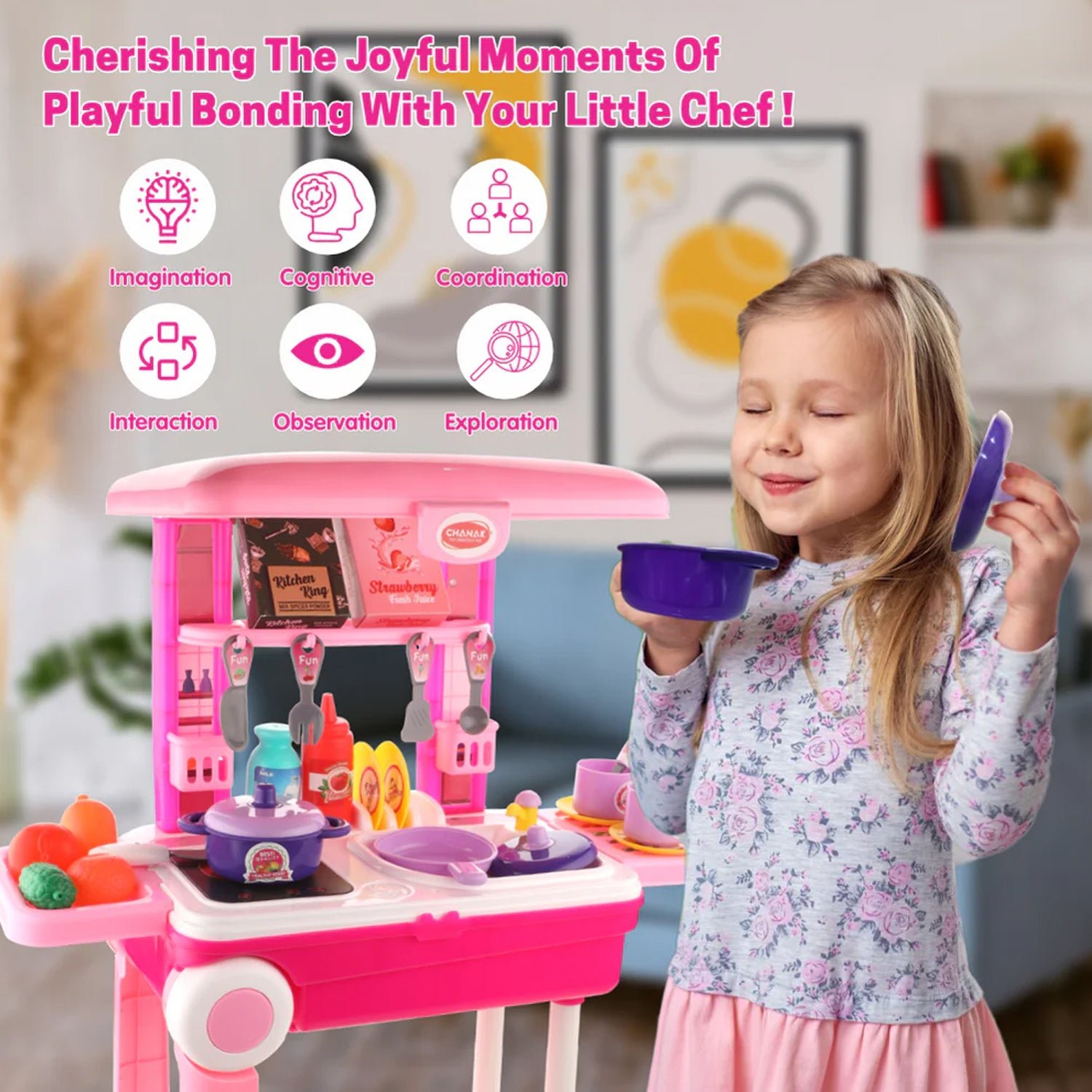 Kitchen Set Kids with Suitcase Role Play Cooking Toy for Girls & Boys (3+)