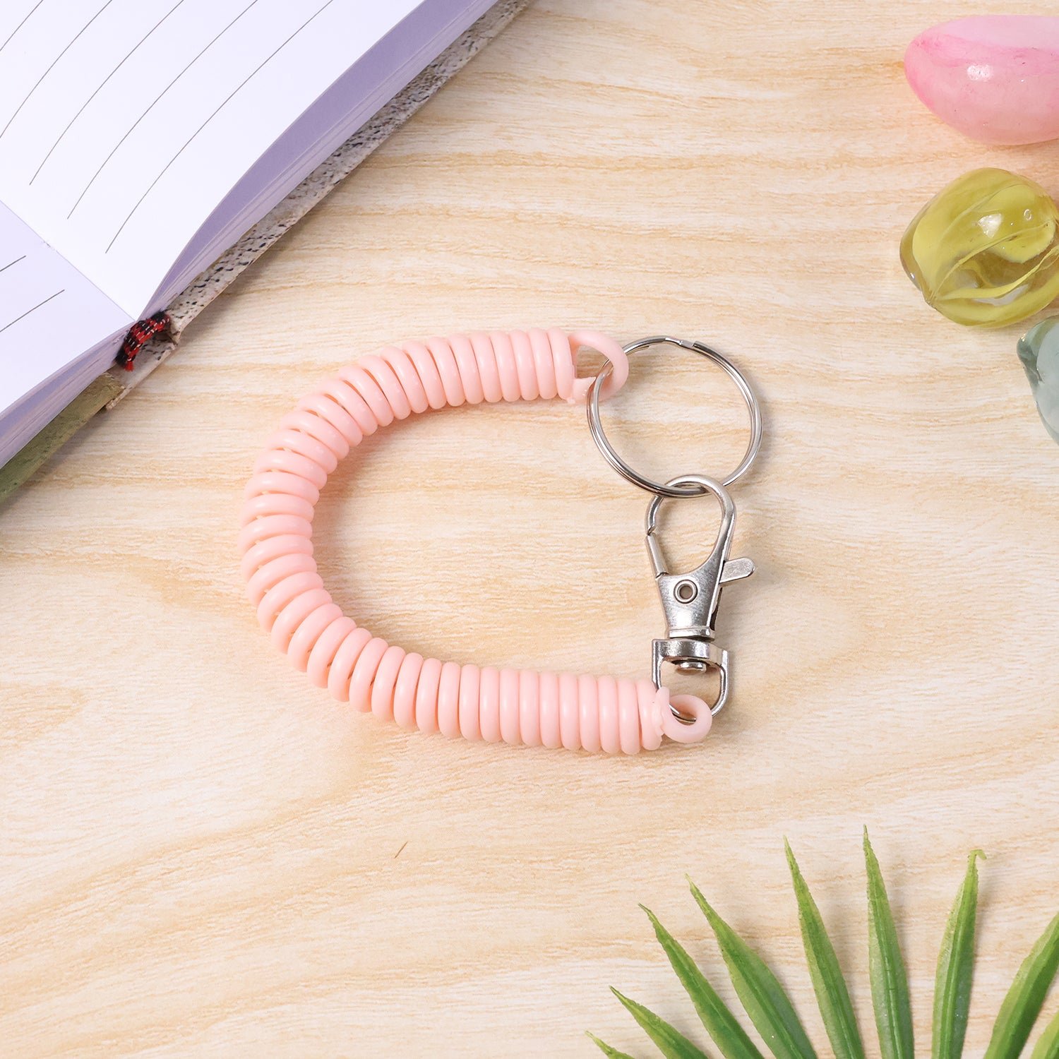 Elastic Spiral Coil Keychain Bracelet with Metal Key Ring and Clip Hook (1 Pc)