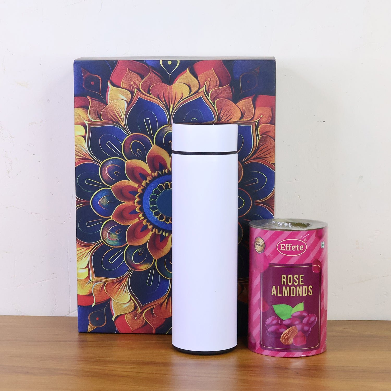 Effete Rose Almonds Gift Hamper, Golden With Bottle (2 Pc Set), Mix Color