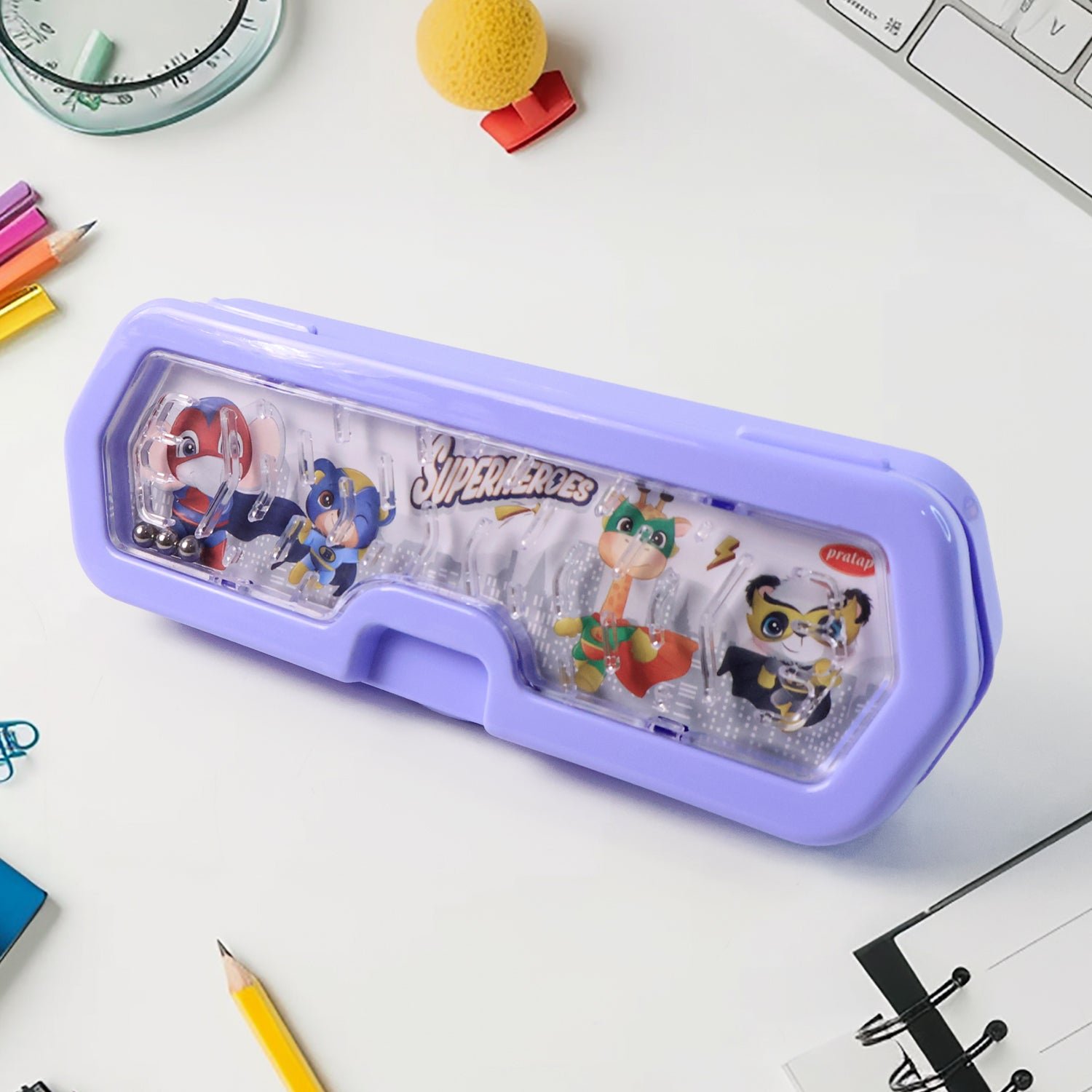 Cartoon Character Printed Plastic Pencil Box with Built-in Maze Puzzle Game (1 Pc)