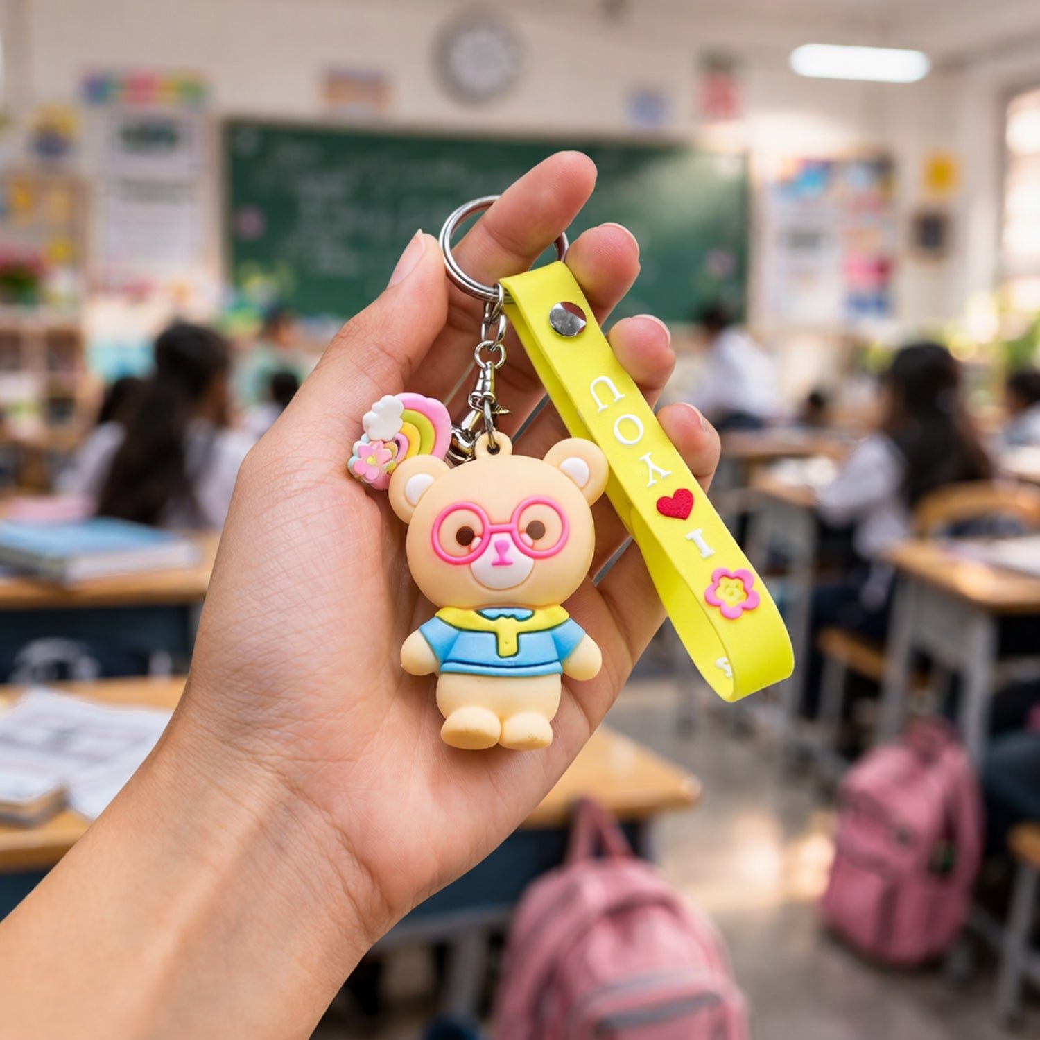 Cute Cartoon Teddy Bear Keychain with Yellow I Love You Strap (1 Pc)