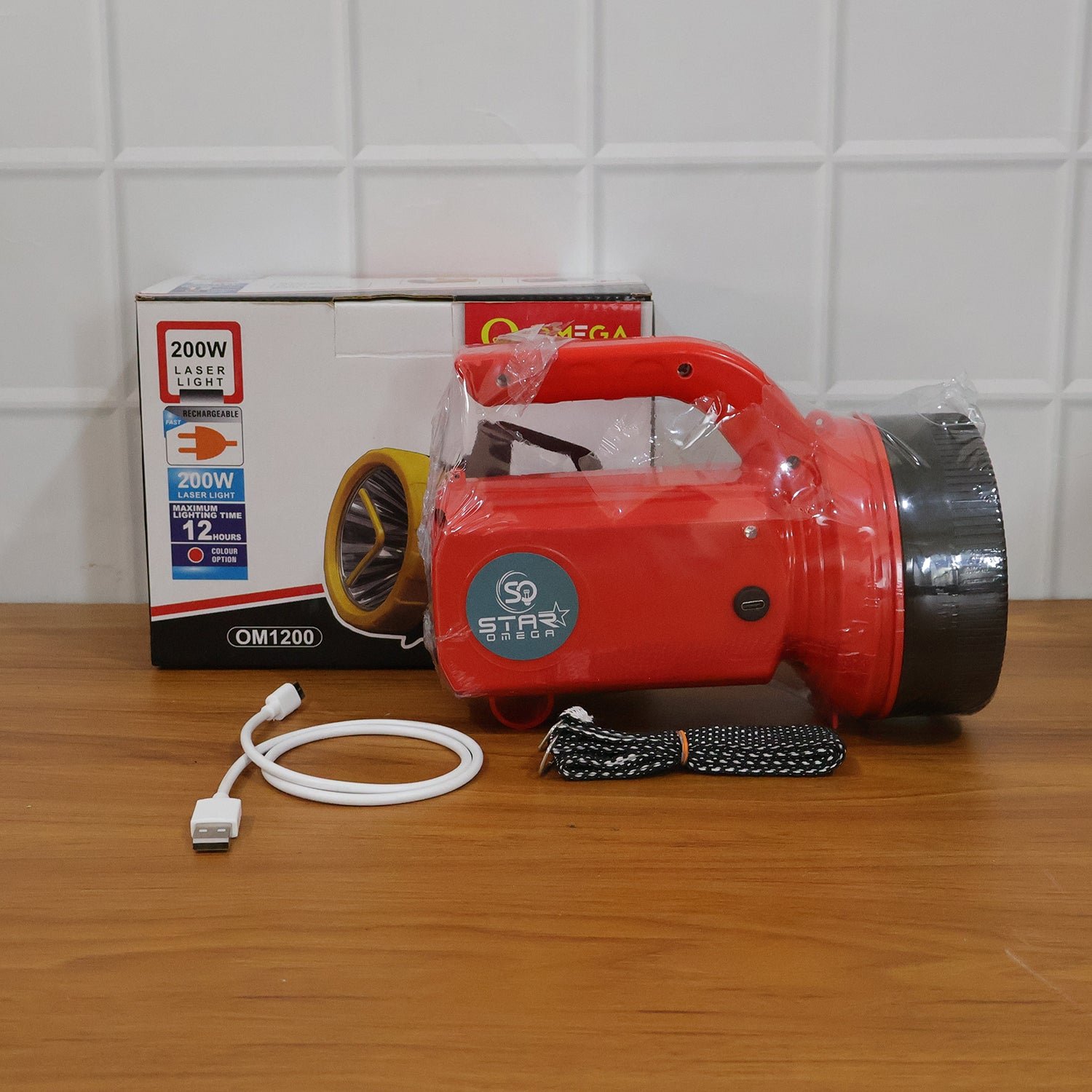 OMEGA 200W High Power LED Laser Torch Light with Side Emergency Light Panel (1 Pc)