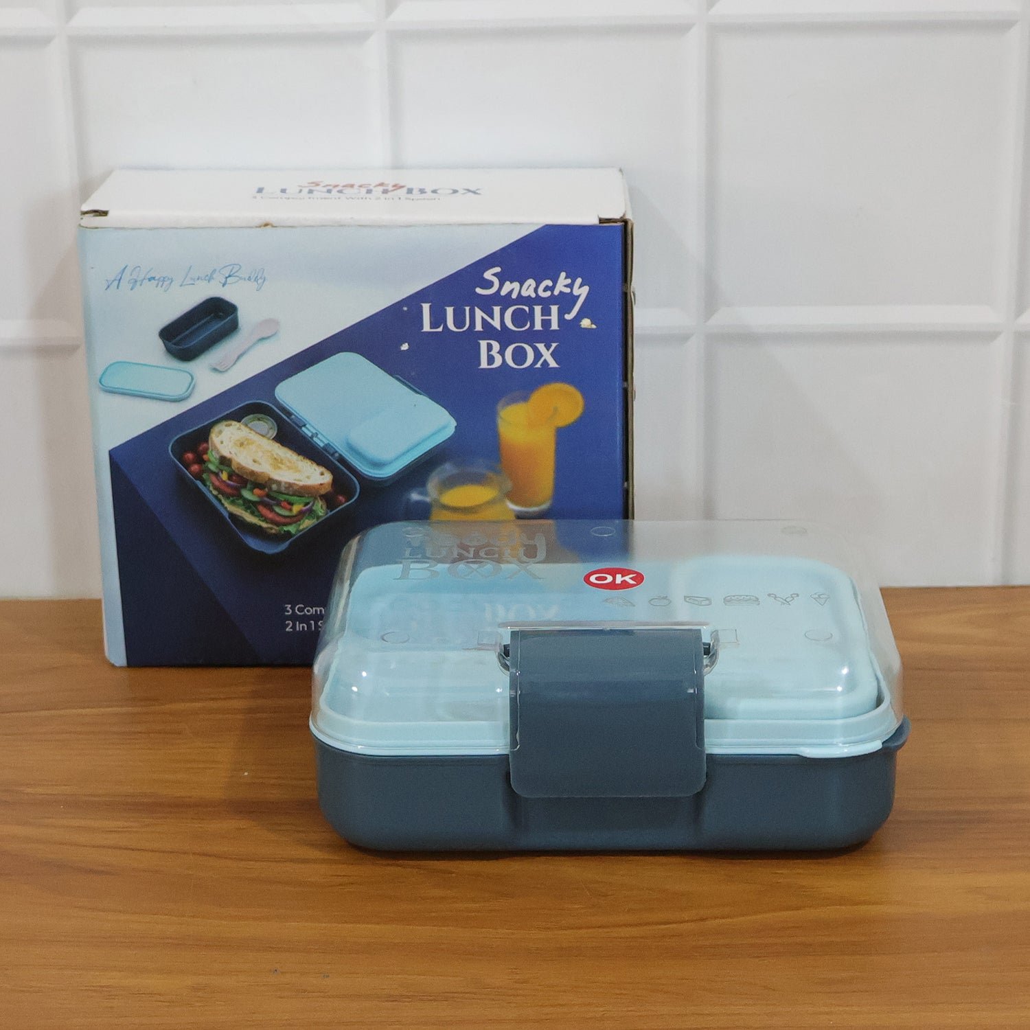 3 Compartment Snacky Lunch Box Set With 2 In 1 Spoon (1 Set)